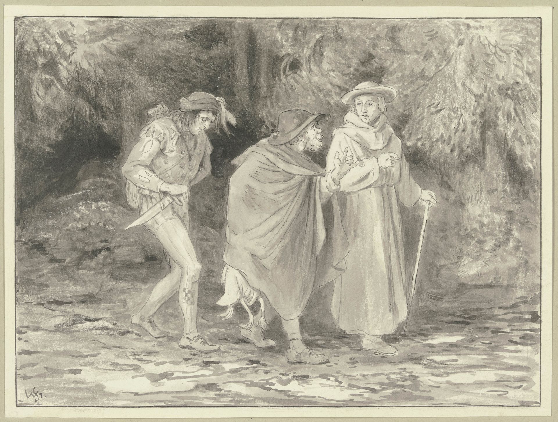 Diether und die beiden LandstreicherIllustration zu_ Heinrich Steinhausen, „Irmela. Eine Geschichte aus alter Zeit“, Prachtausgabe, Leipzig_ Georg Böhme, [1884], S. 31 by Wilhelm Steinhausen
