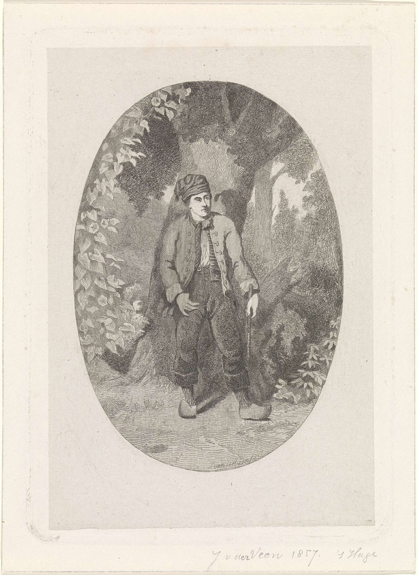 Man bij een boom in een bos by Jan van der (prentmaker) Veen