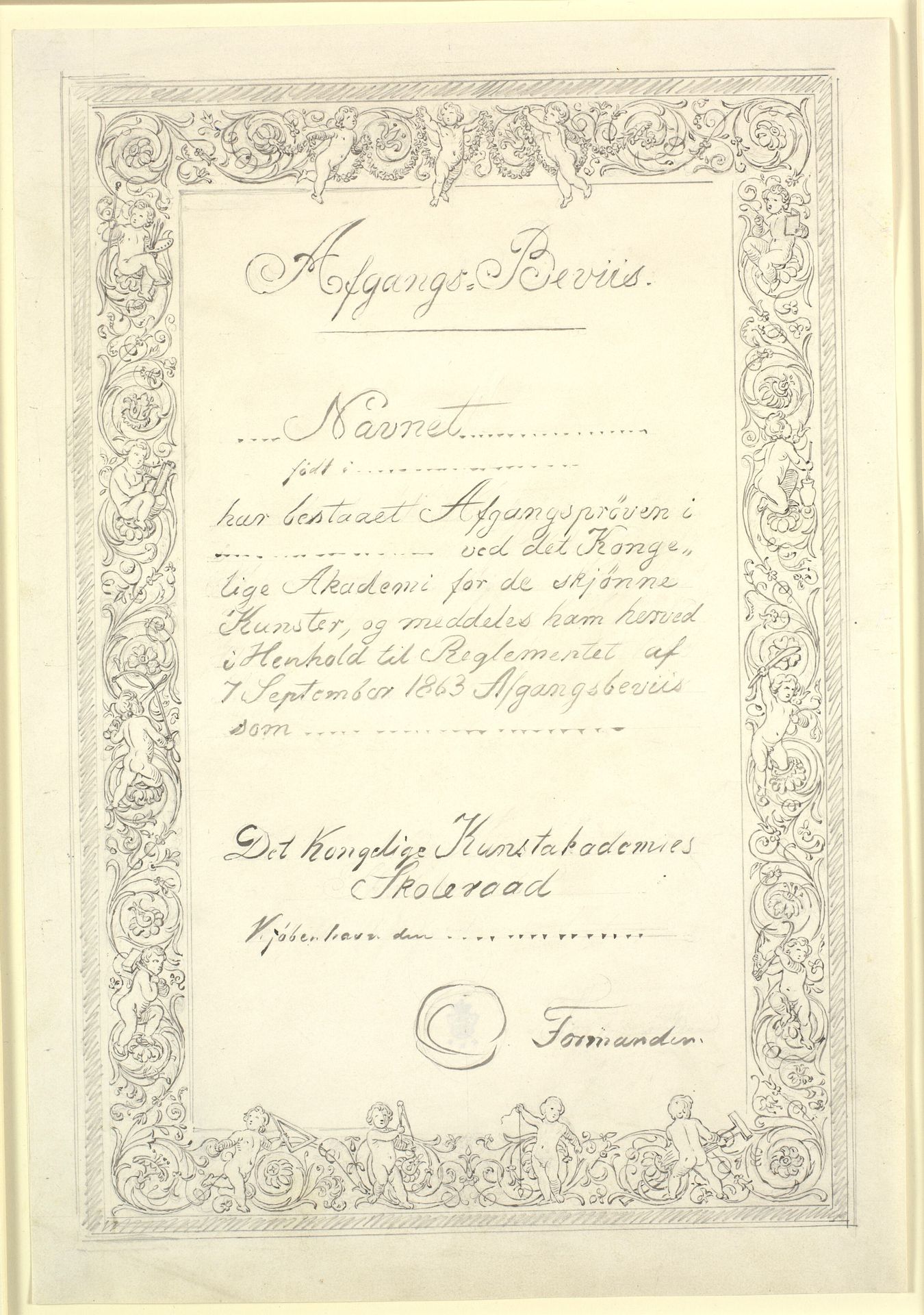 Udkast til Afgangsbevis fra Kunstakademiet 1865 by Constantin Hansen
