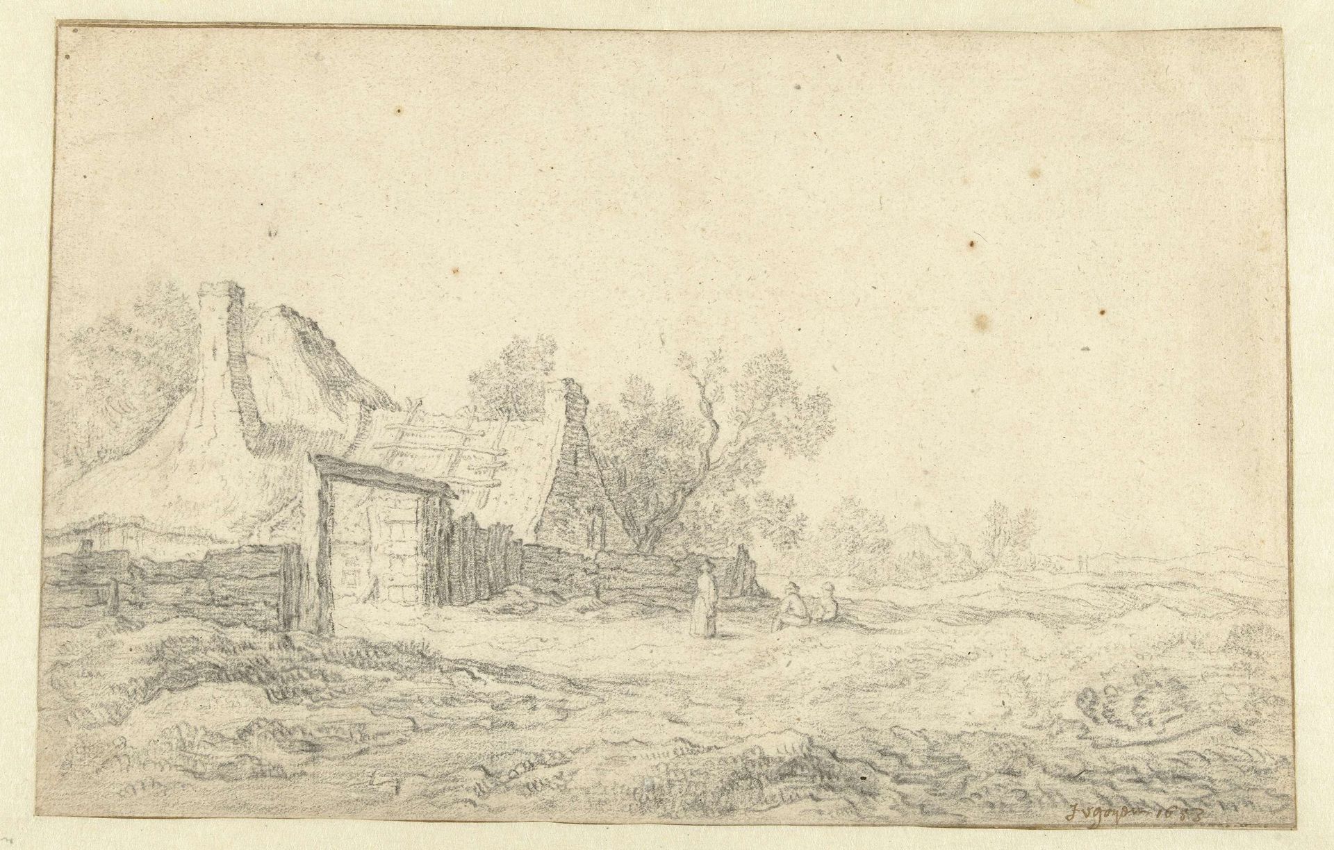 Duinlandschap met drie figuren voor een boerderij by Pieter De Neyn