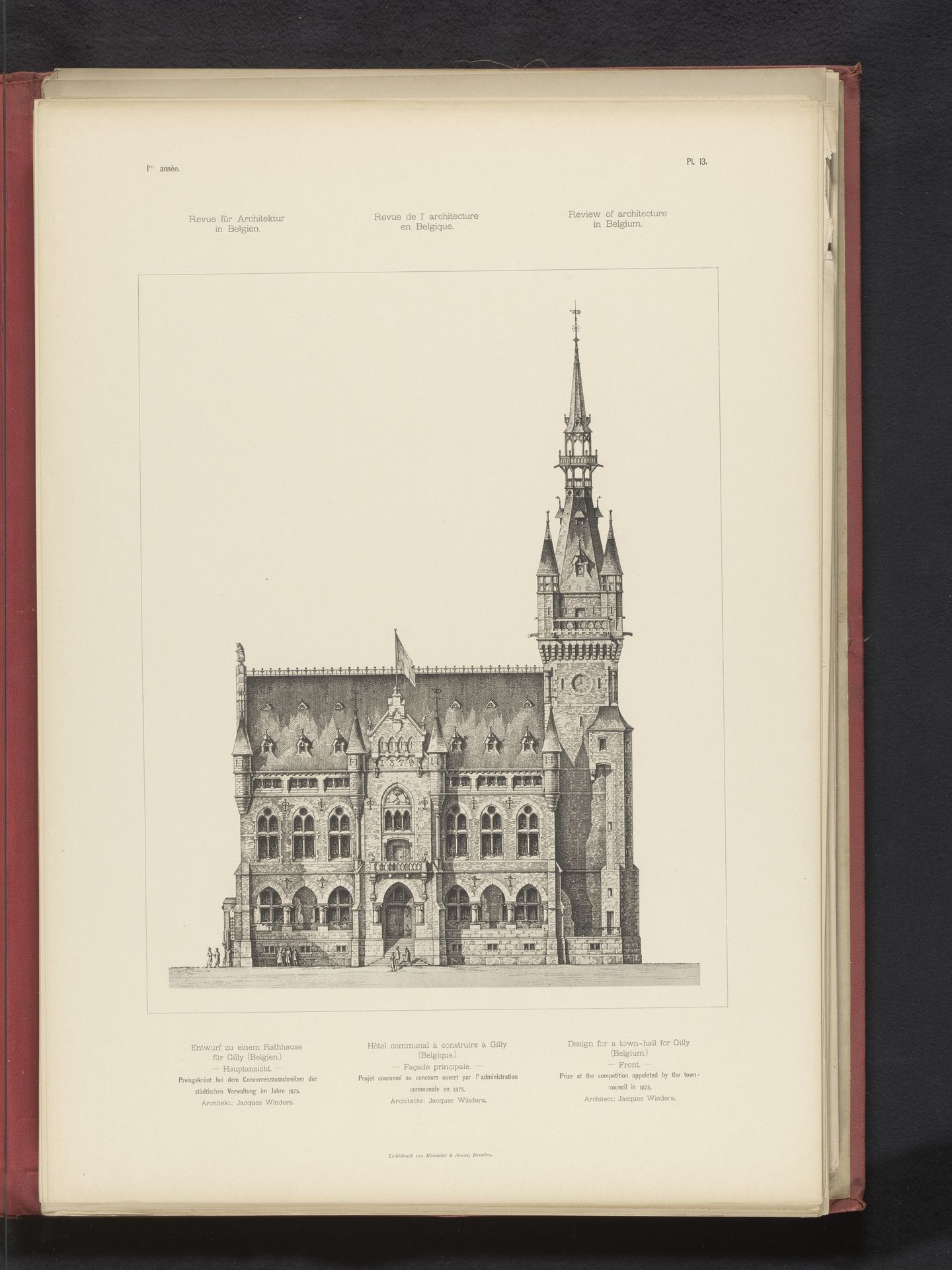 Reproductie van een ontwerp van een stadhuis voor Gilly, België, door Jean-Jacques Winders by Römmler & Jonas