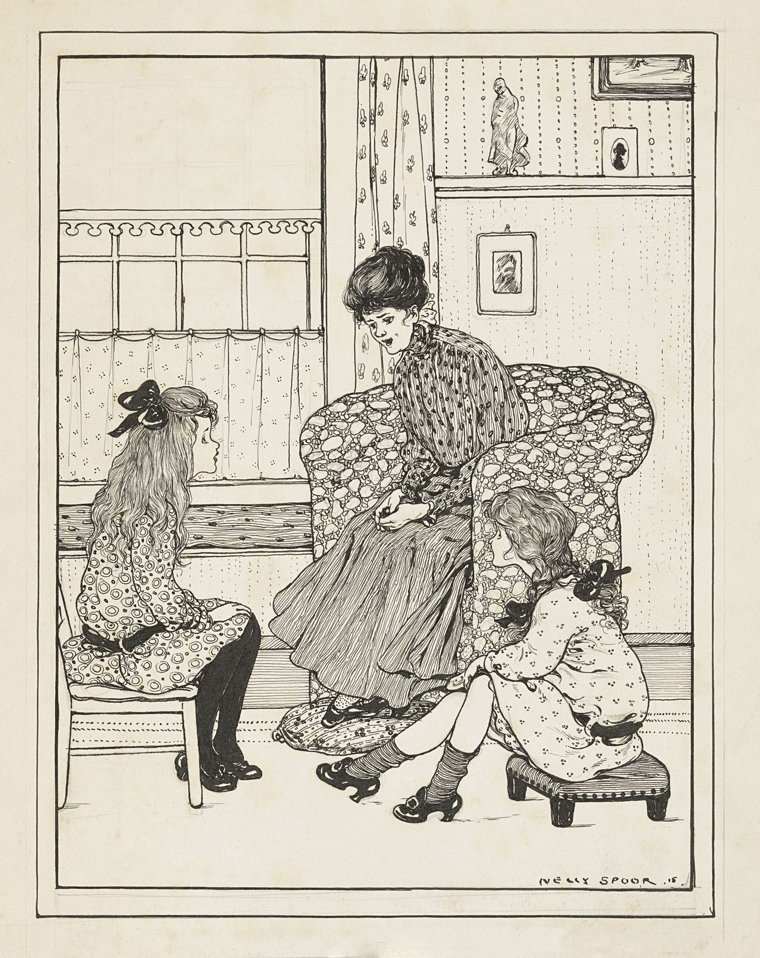 Vrouw en twee meisjes in een interieur by Nelly Spoor