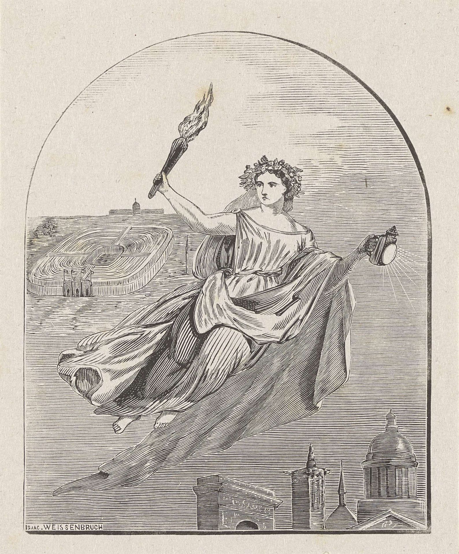 Allegorische vrouwfiguur met een fakkel en een lantaarn boven een stad by Isaac Weissenbruch