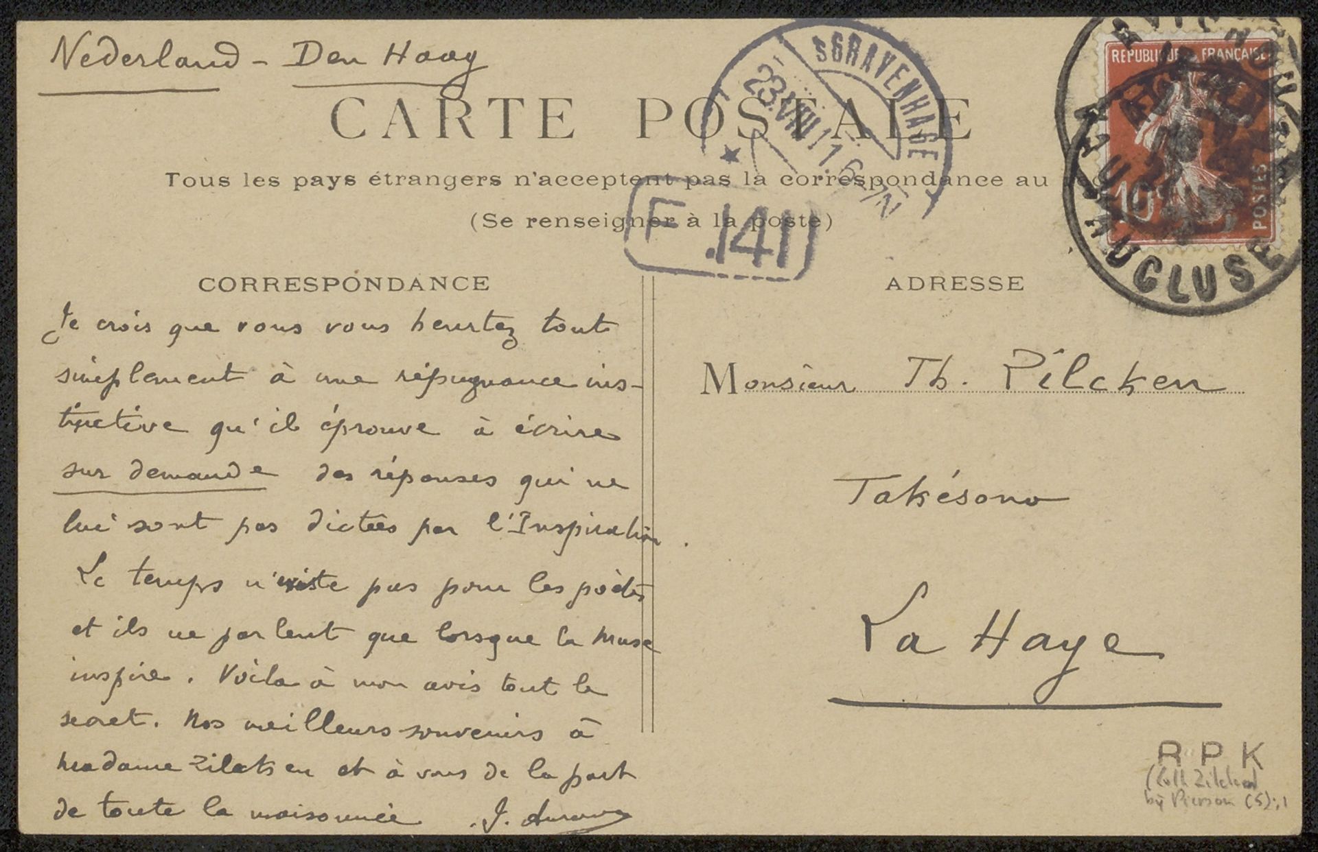 Prentbriefkaart aan Philip Zilcken by Sander Pierron