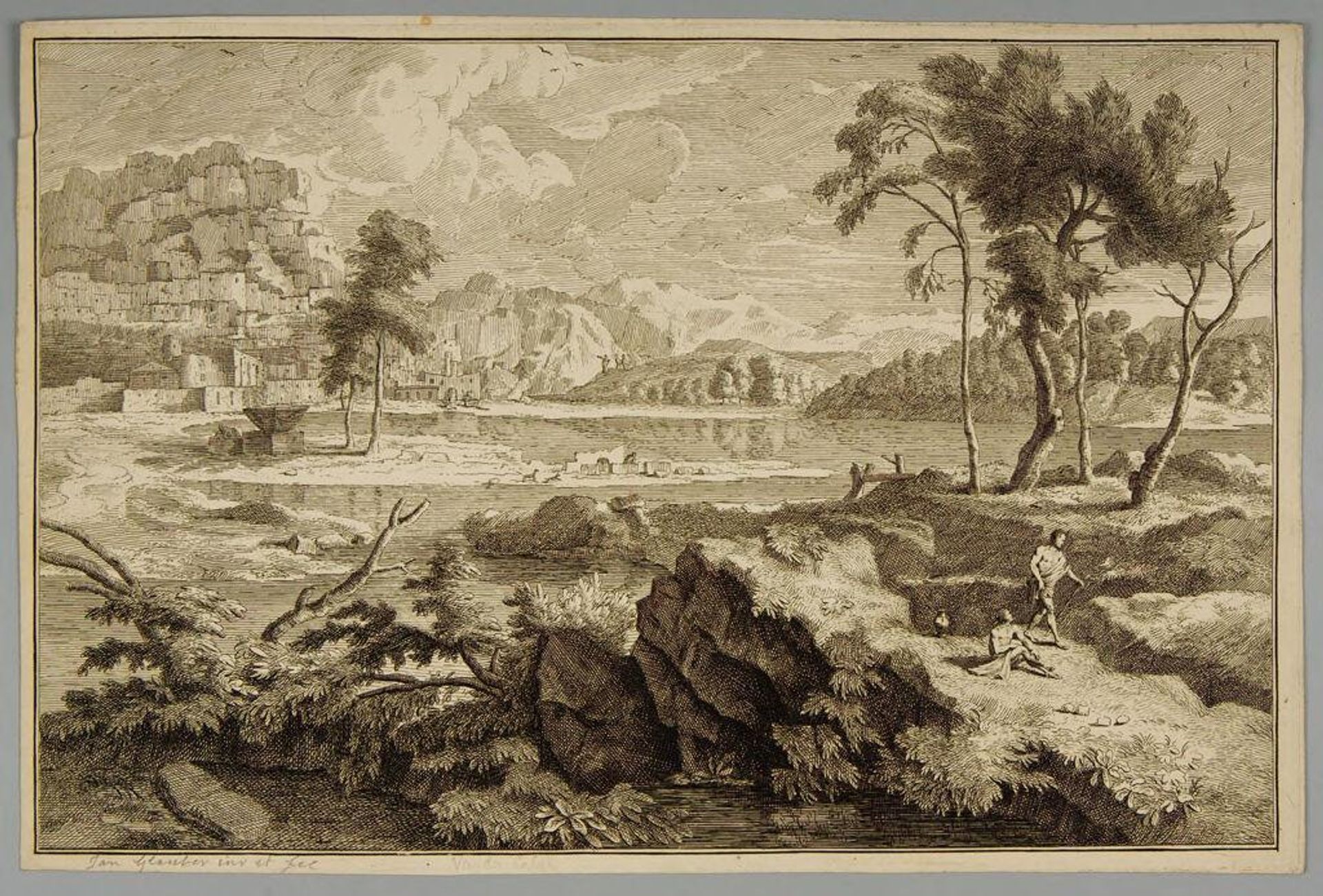 Classical Landscape with Two Men in the Foreground, Right by Jan Glauber