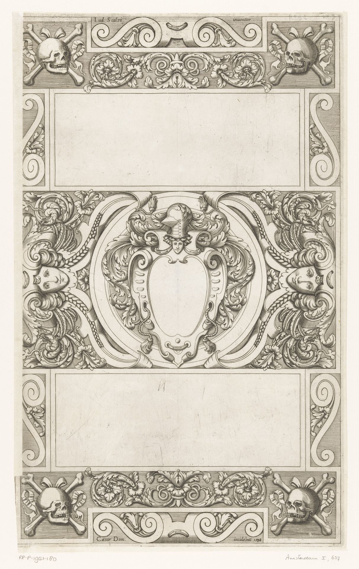 Ontwerp voor ornamenteel graf met cartouche en vier schedels by Cesare Domenichi