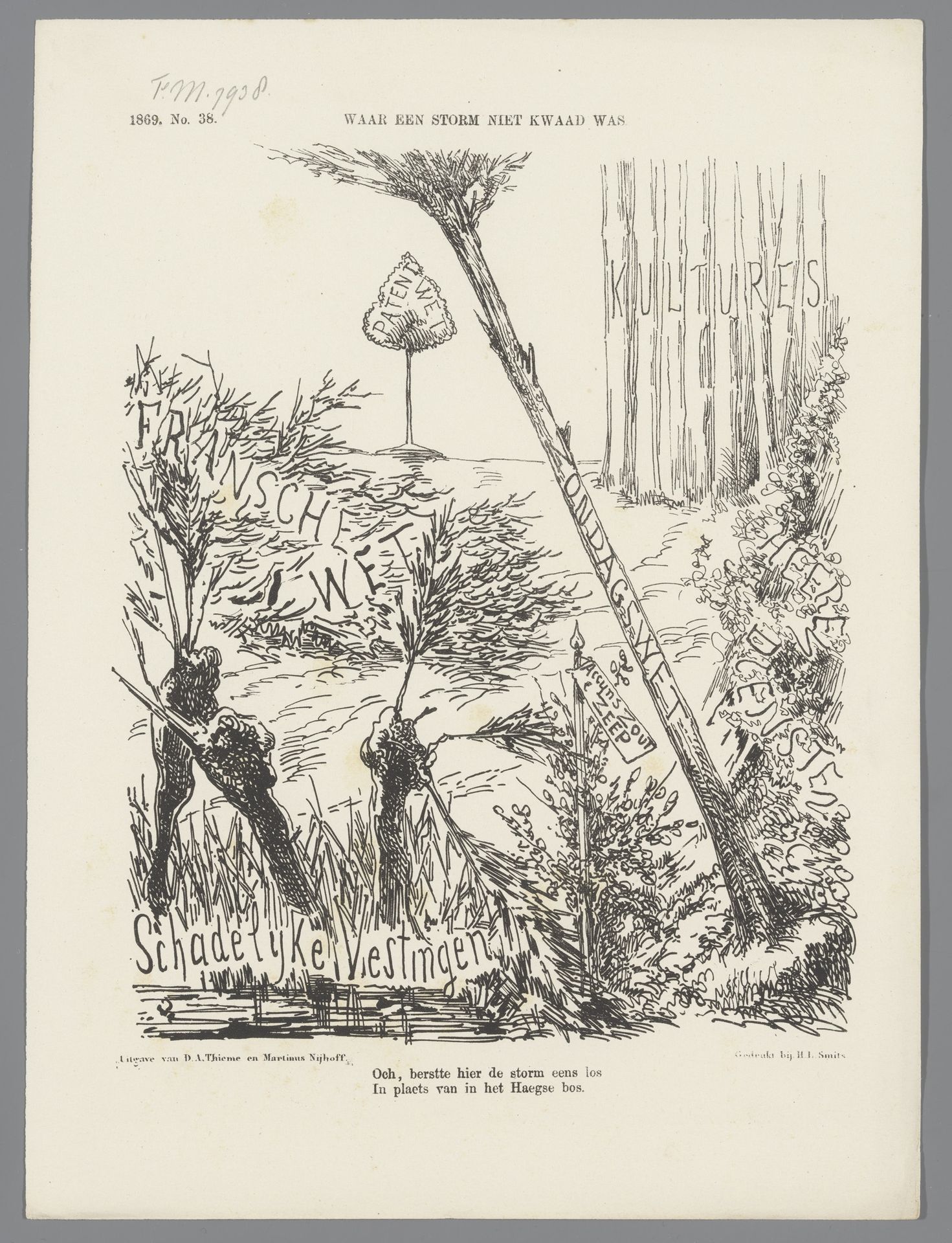 Spotprent op de storm in het Haagse Bos, 1869 by Johan Michaël Schmidt Crans