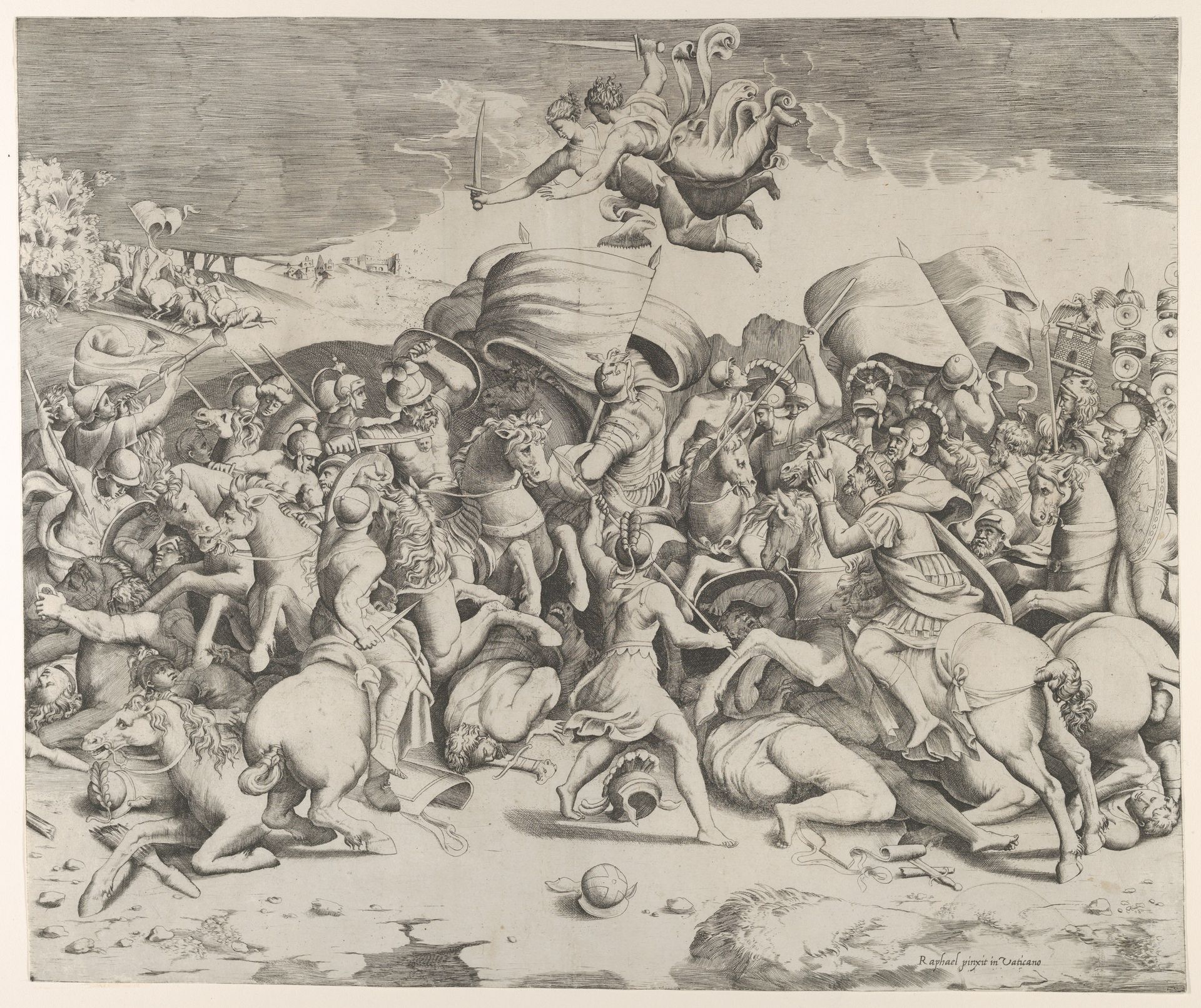 Constantine defeating the tyrant Maxentius, angels carrying swords fly above by Giulio Bonasone