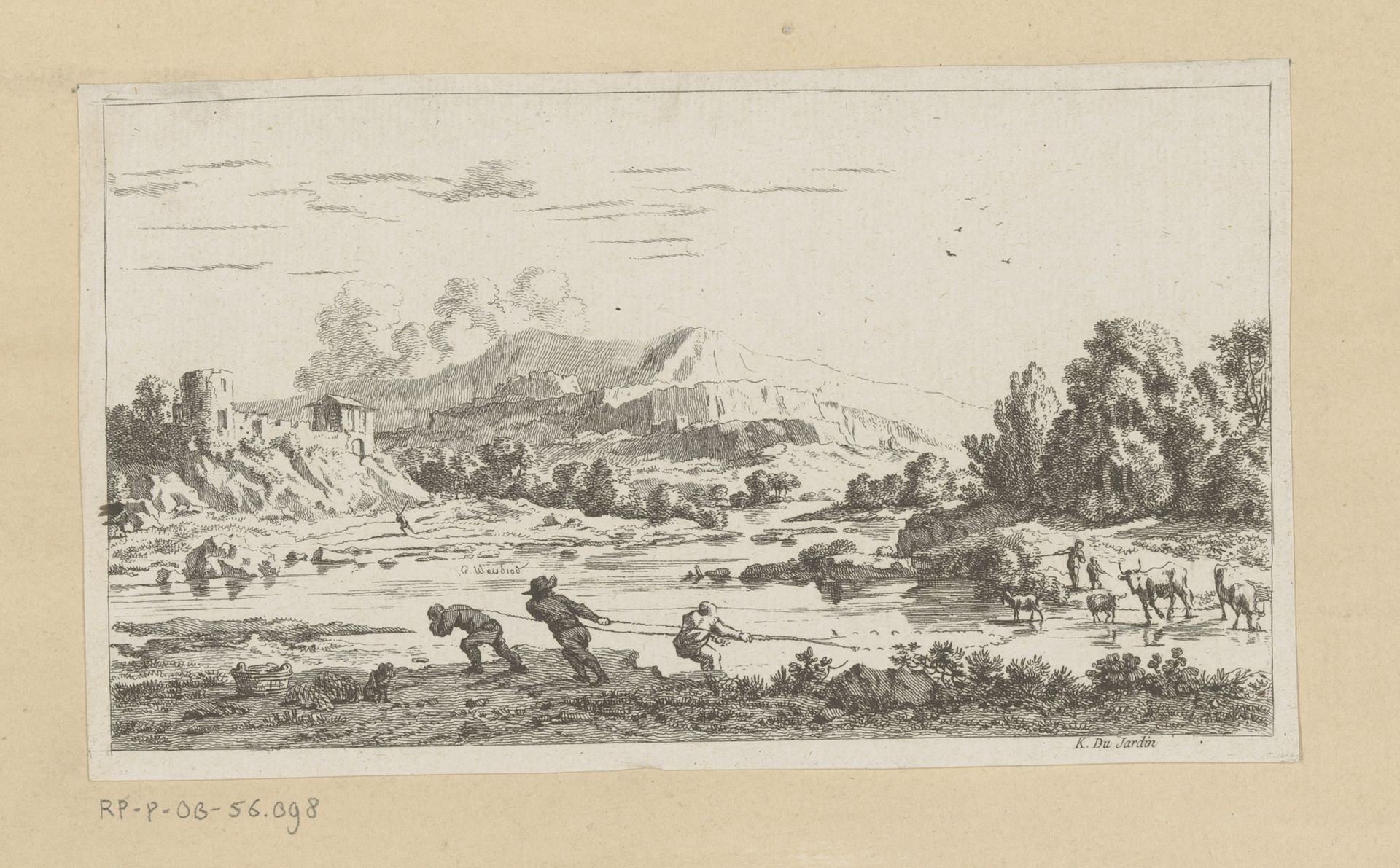 Riviergezicht met vissers en herders met vee by Carl Wilhelm Weisbrod