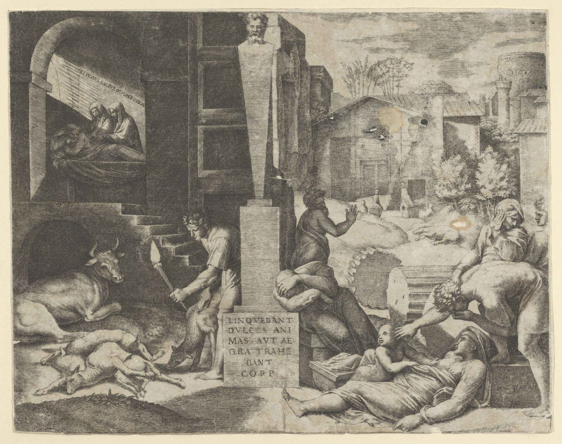 A plague scene at right, a man at left holding a torch illuminating part of the scene, ill people at the right by Marcantonio Raimondi
