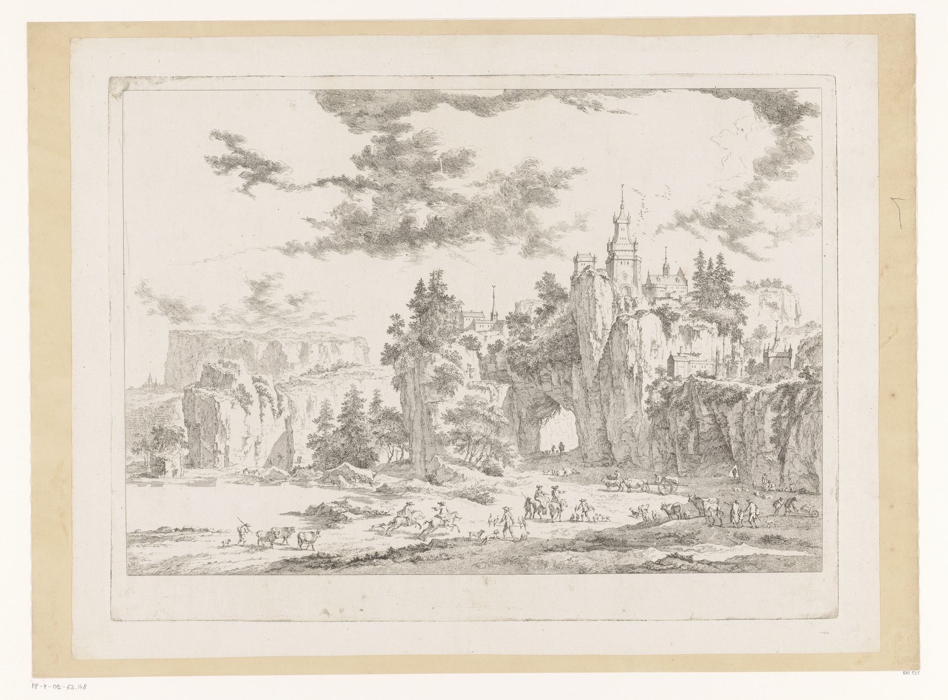 Rivierlandschap met een kasteel op een klif by Gabriel Huquier