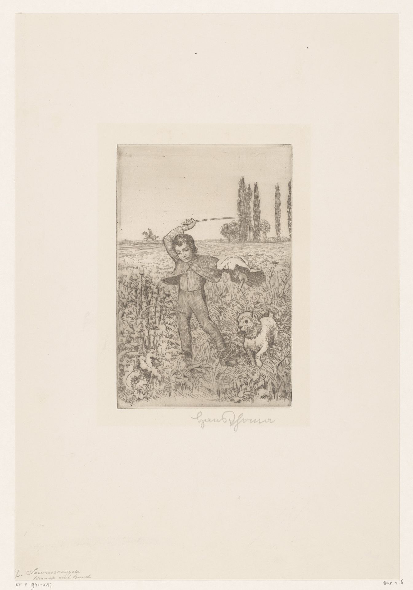 Jongen met hond in een veld by Hans Thoma