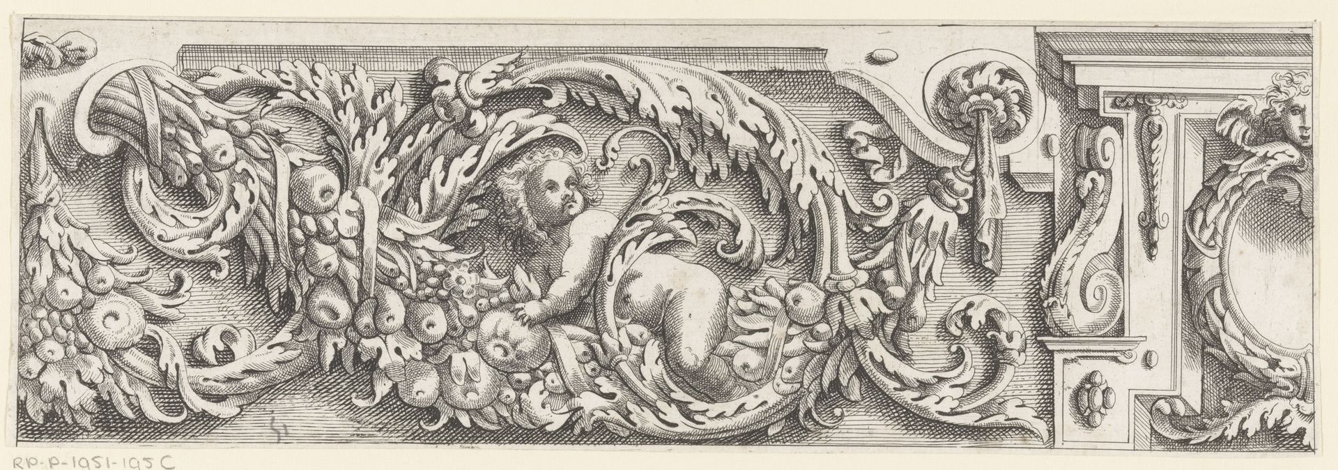 Putto in ranken van acanthusbladeren en fruit by Anonymous
