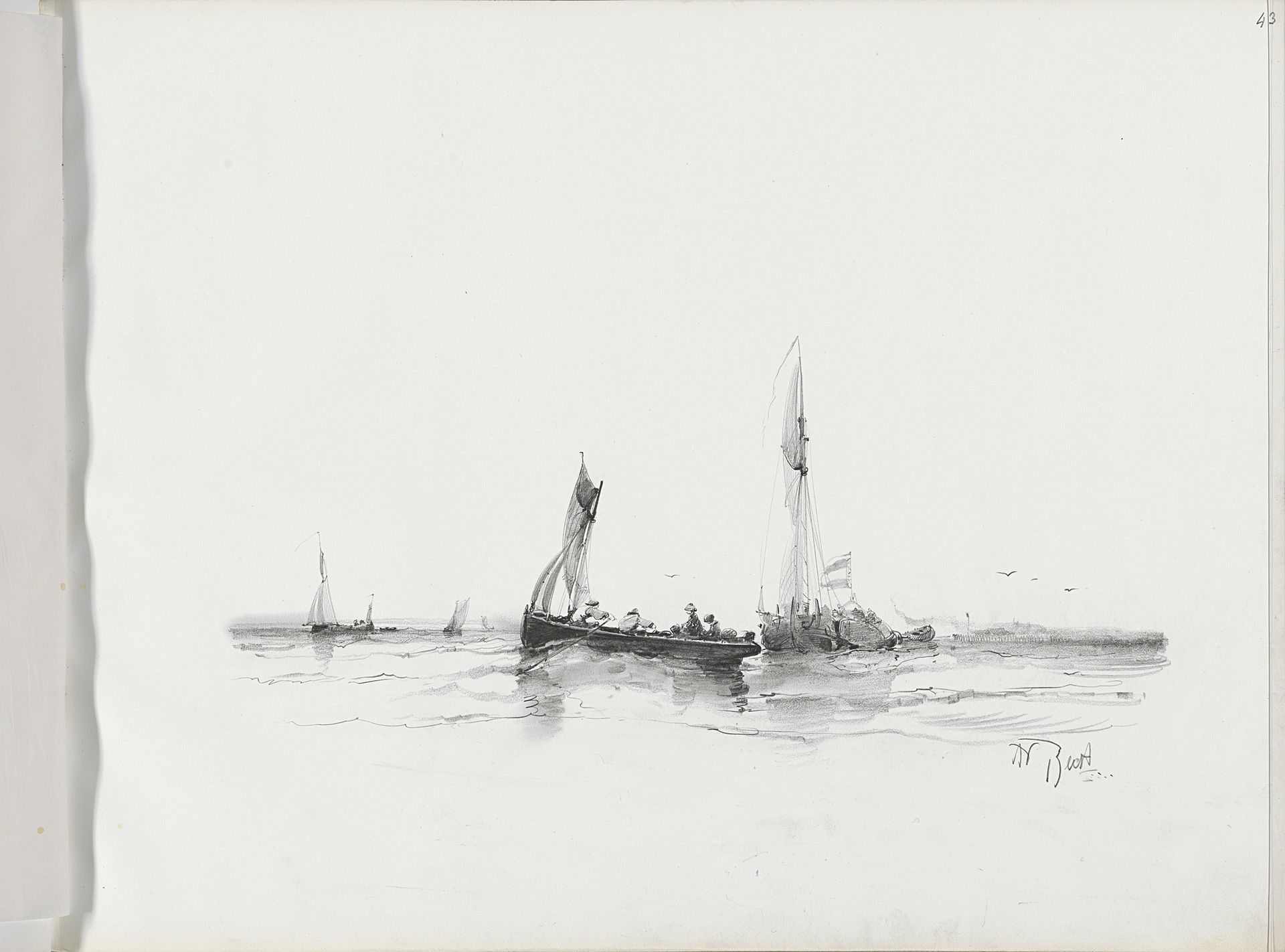 Zeilboten met figuren op het water by Albertus van Beest