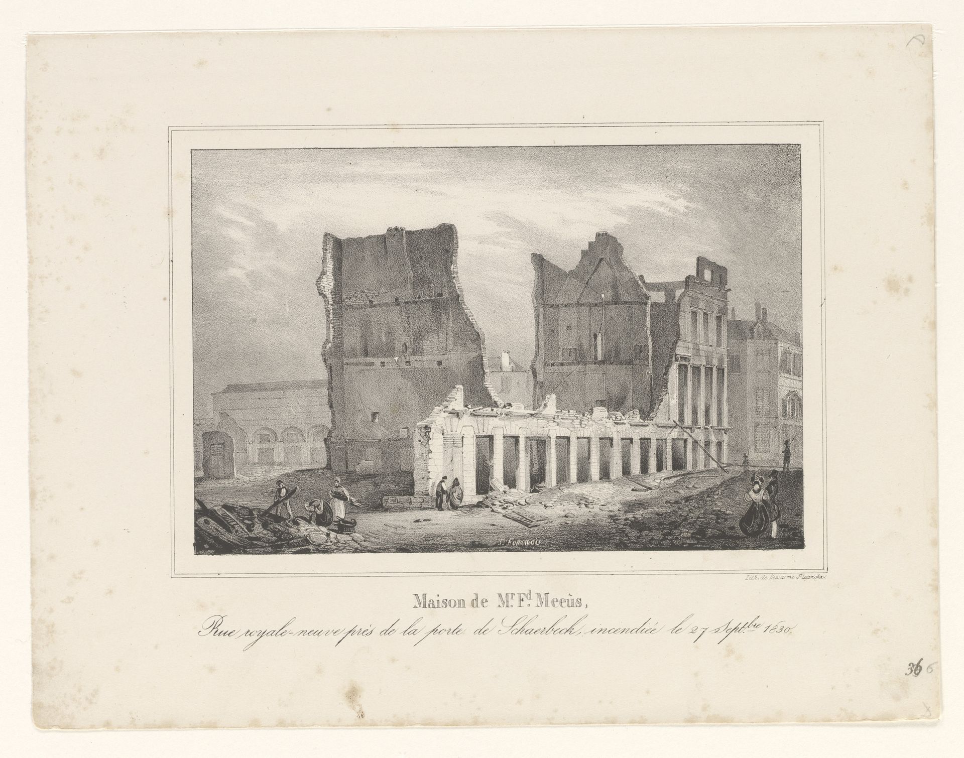 Ruïne van het huis van Ferdinand Meeûs te Brussel, 1830 by Théodore Fourmois