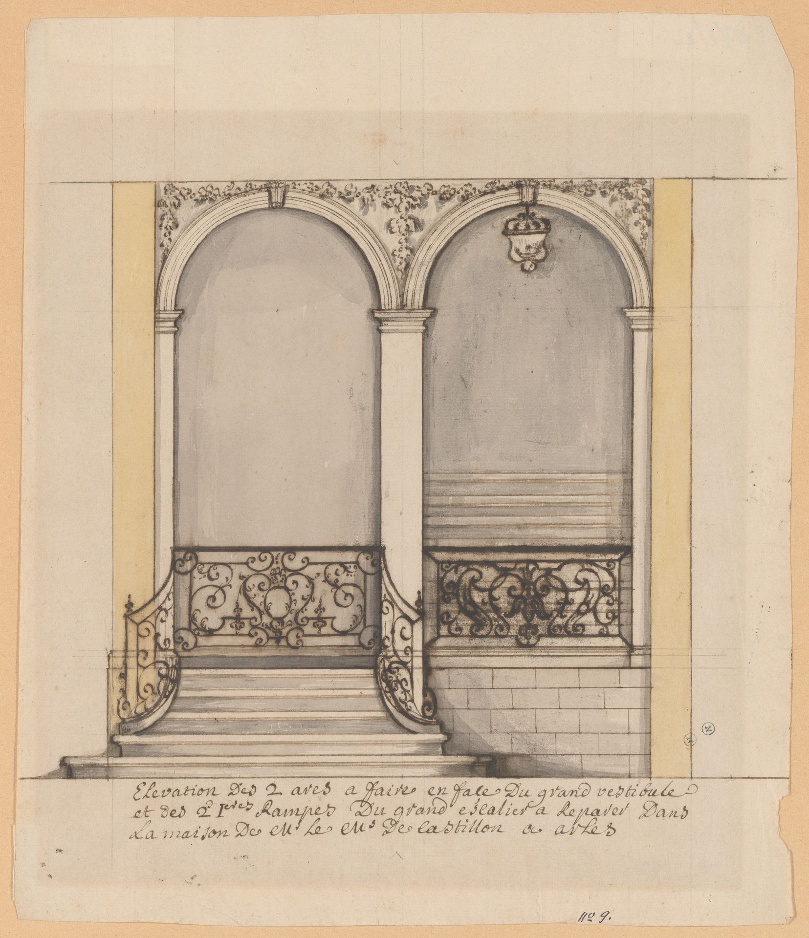 Elevation for a stairway and a second en suite drawing (unmatted): design for ironwork balustrade by Anonymous