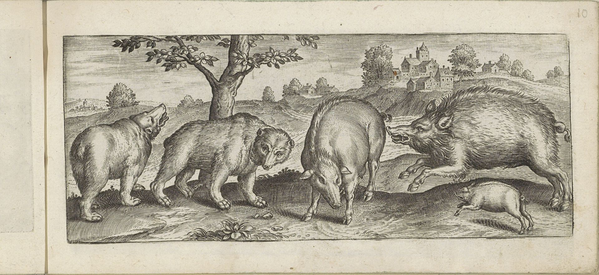 Beren, varkens en een wild zwijn in een landschap by Marcus (I) Gheeraerts