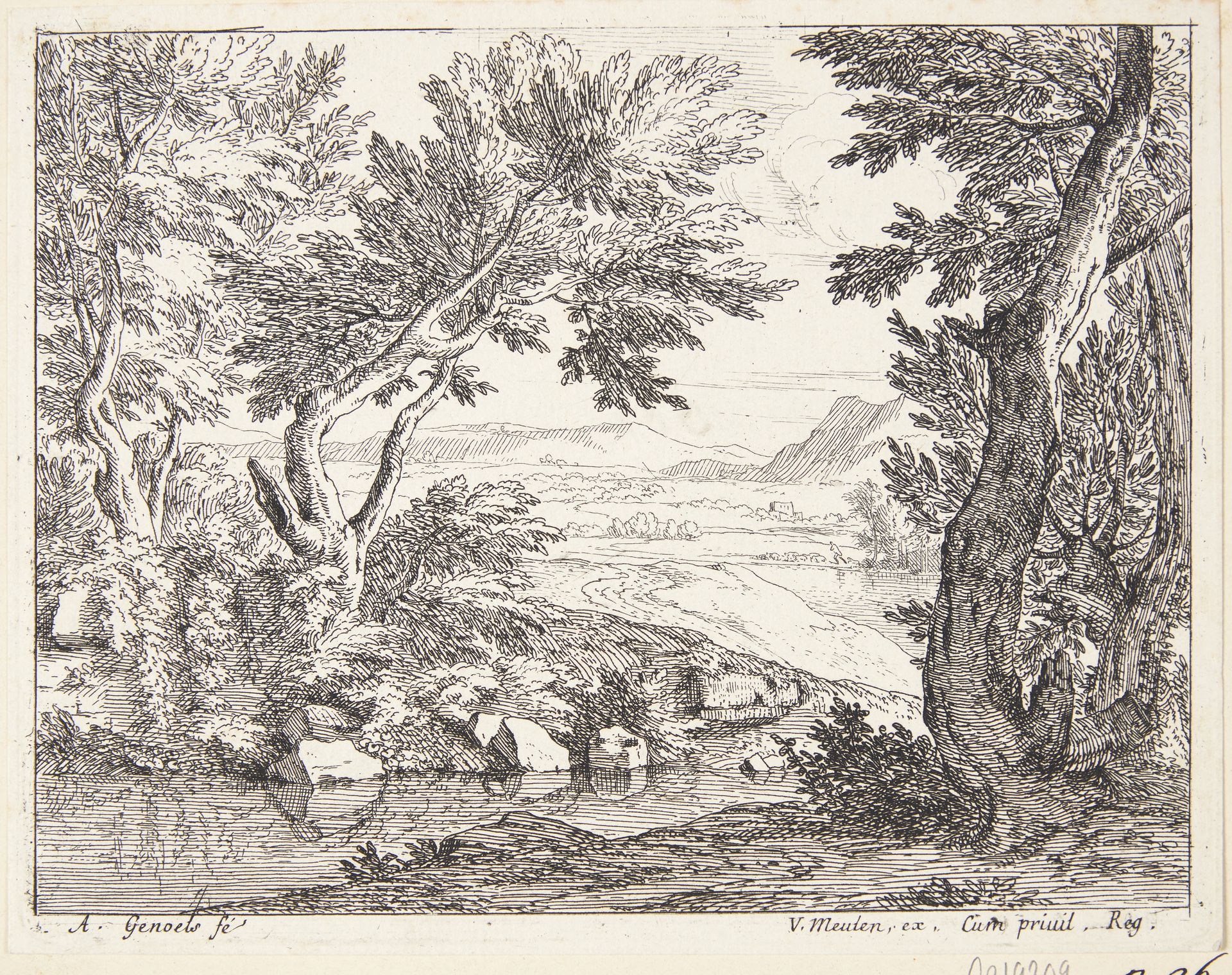 Landskab med sten og træer på en flodbred by Abraham Genoels