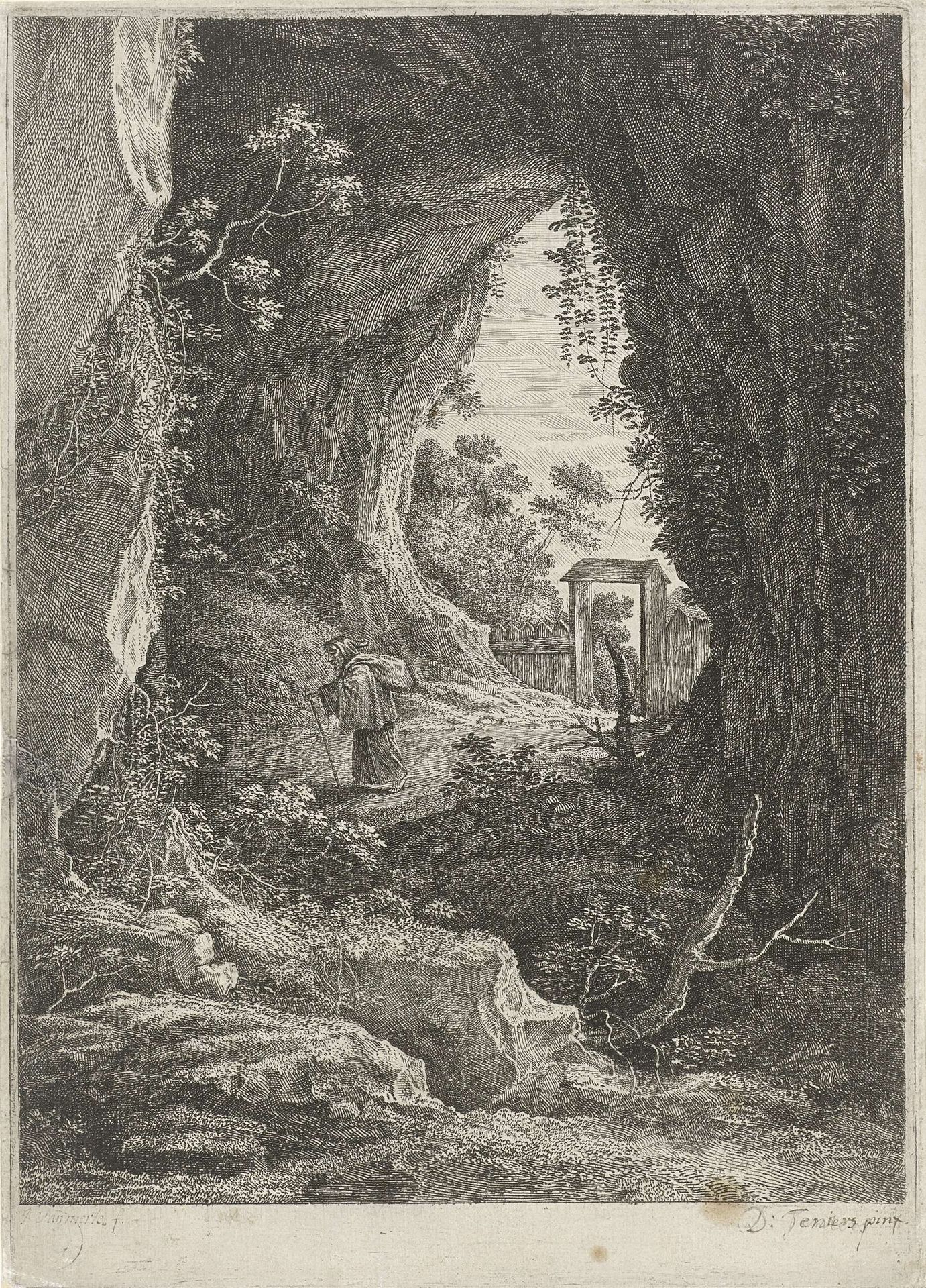 Kluizenaar tussen overhangende rotsen by Theodor van (II) Merlen