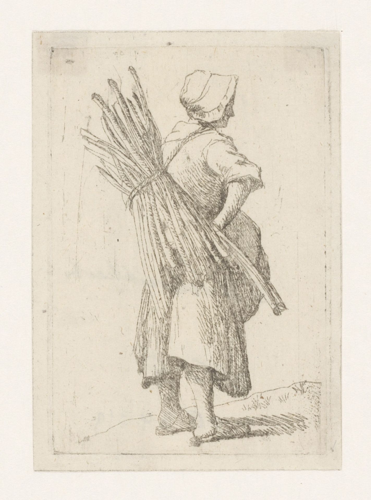 Vrouw met bos takken op haar rug gebonden by Hendrik Willem Schweickhardt