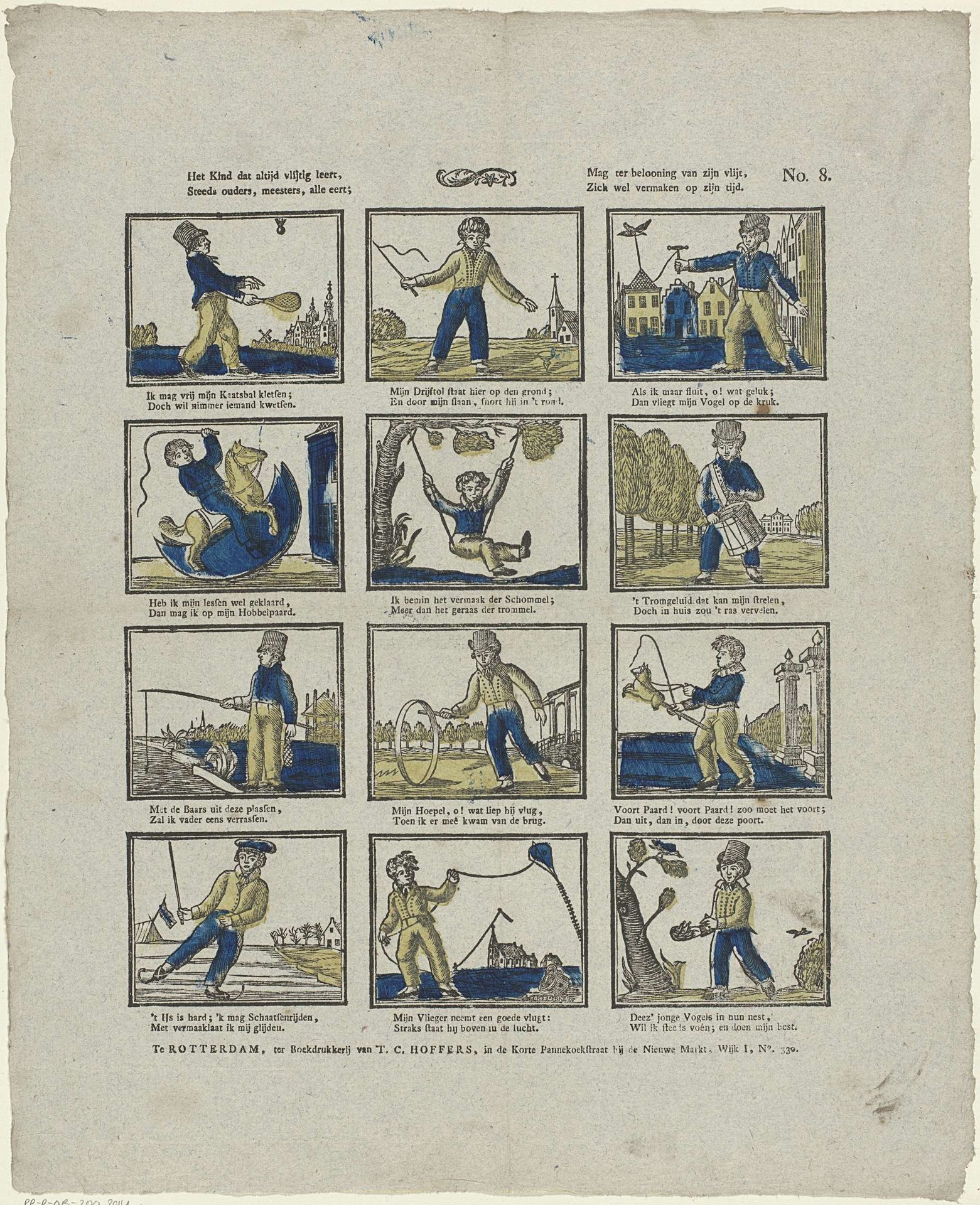 Het kind dat altijd vlijtig leert, / Steeds ouders, meesters, alle eerst; / Mag ter belooning van zijn vlijt, / Zich wel vermaken op zijn tijd by Christiaan Jacob Schuyling