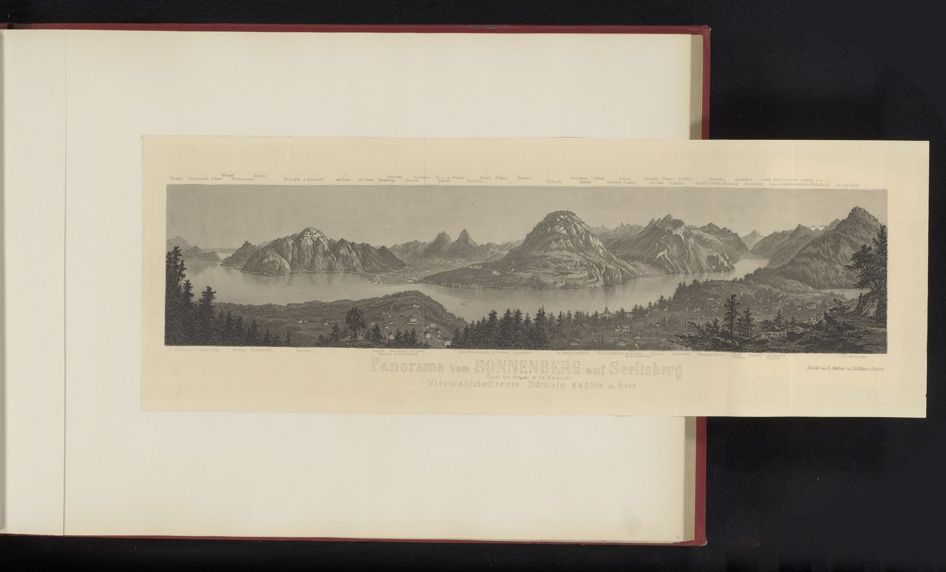 Panorama van de Urnersee met omliggende steden en dorpen by Heinrich Zollinger