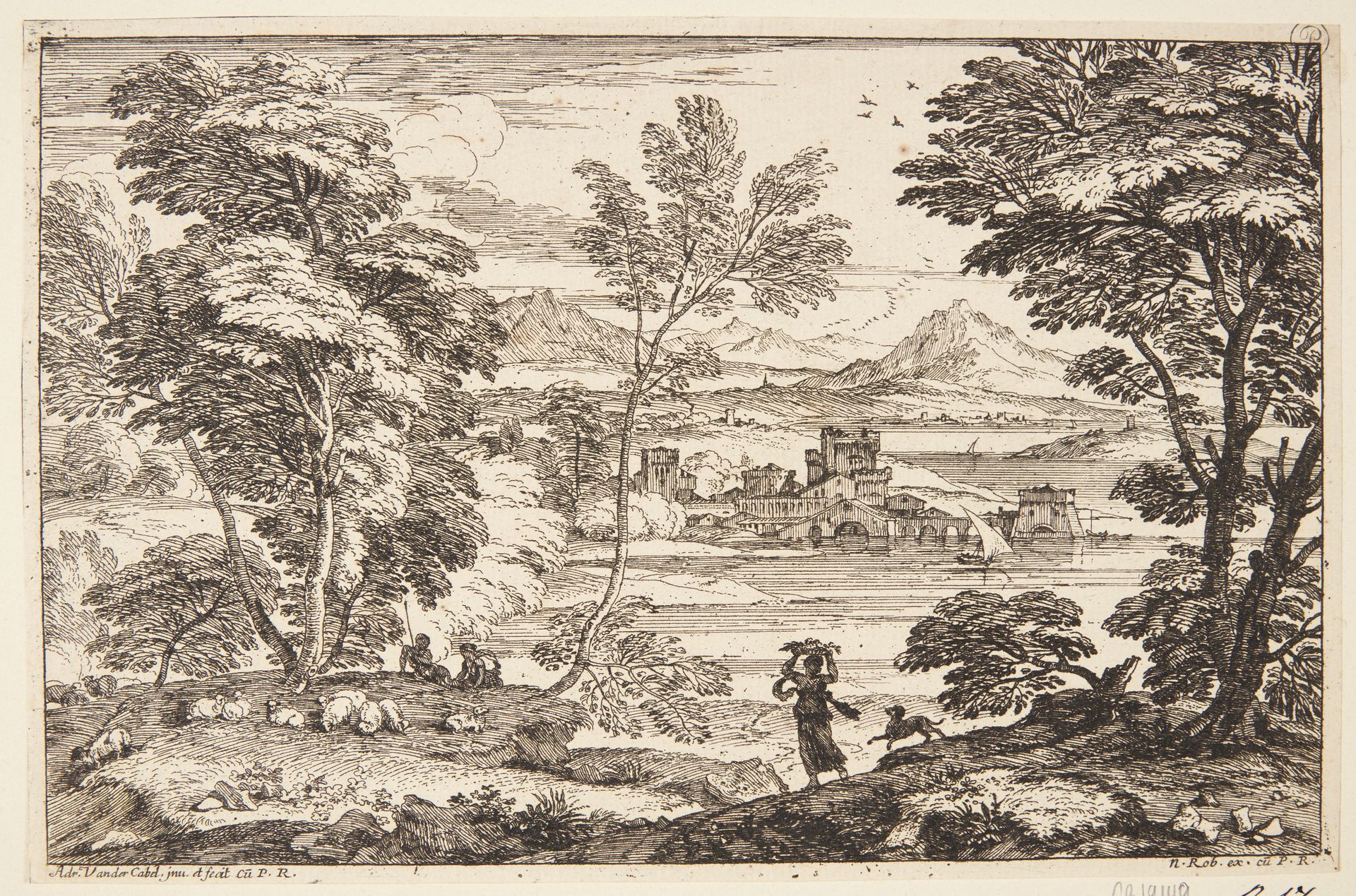 Landskab, i forgrunden en kvinde med hund by Adriaen van der Kabel