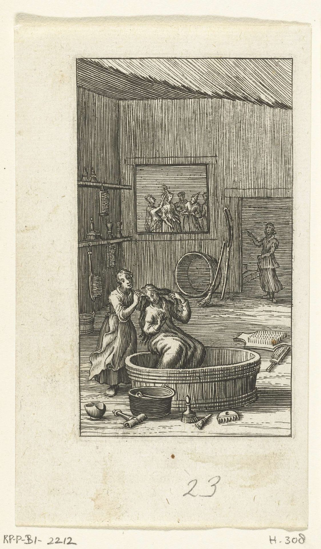 Duyfken wordt gewassen in bad en gekleed by Boëtius Adamsz. Bolswert