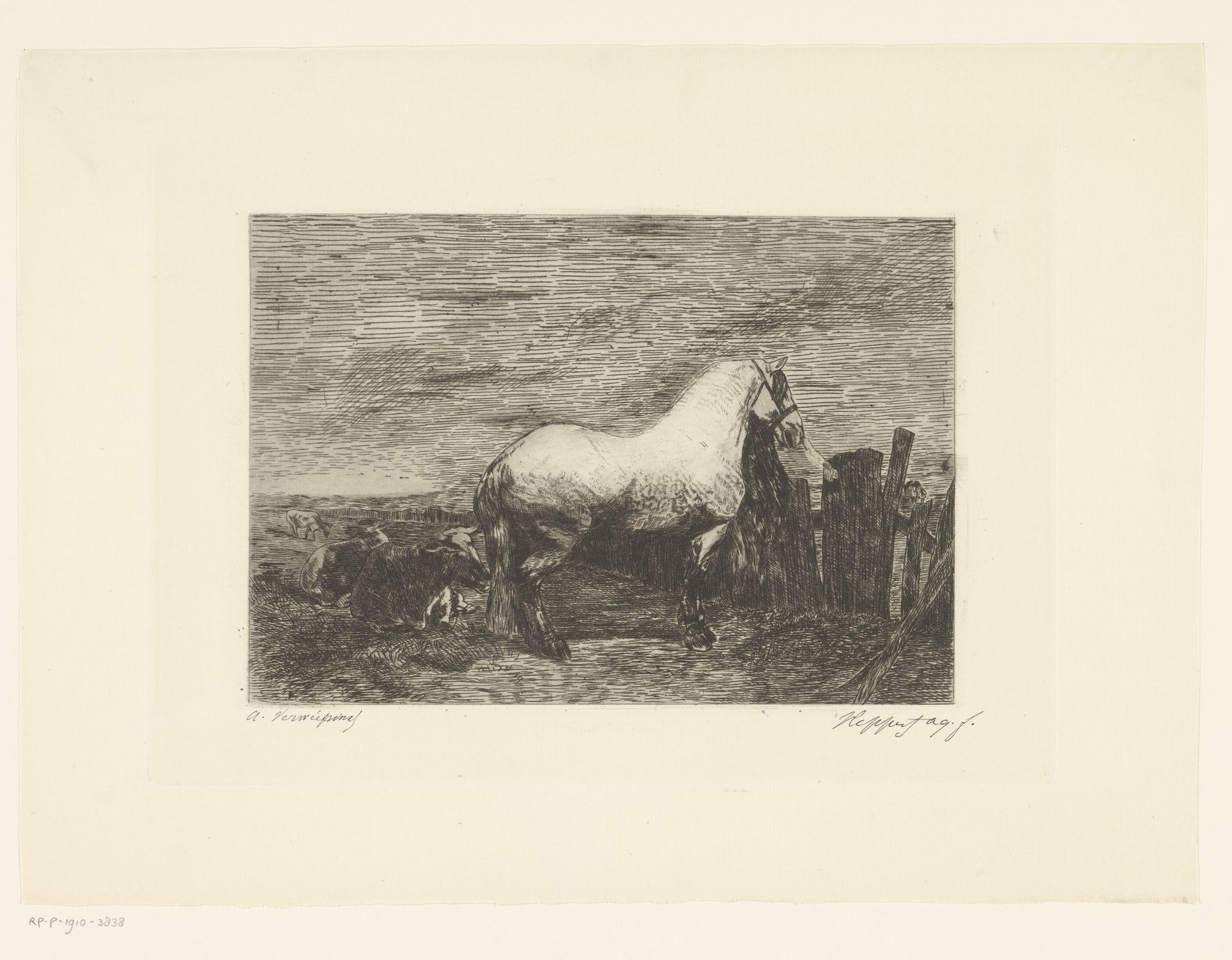Landschap met paard en drie koeien by Karel Theodoor Hippert