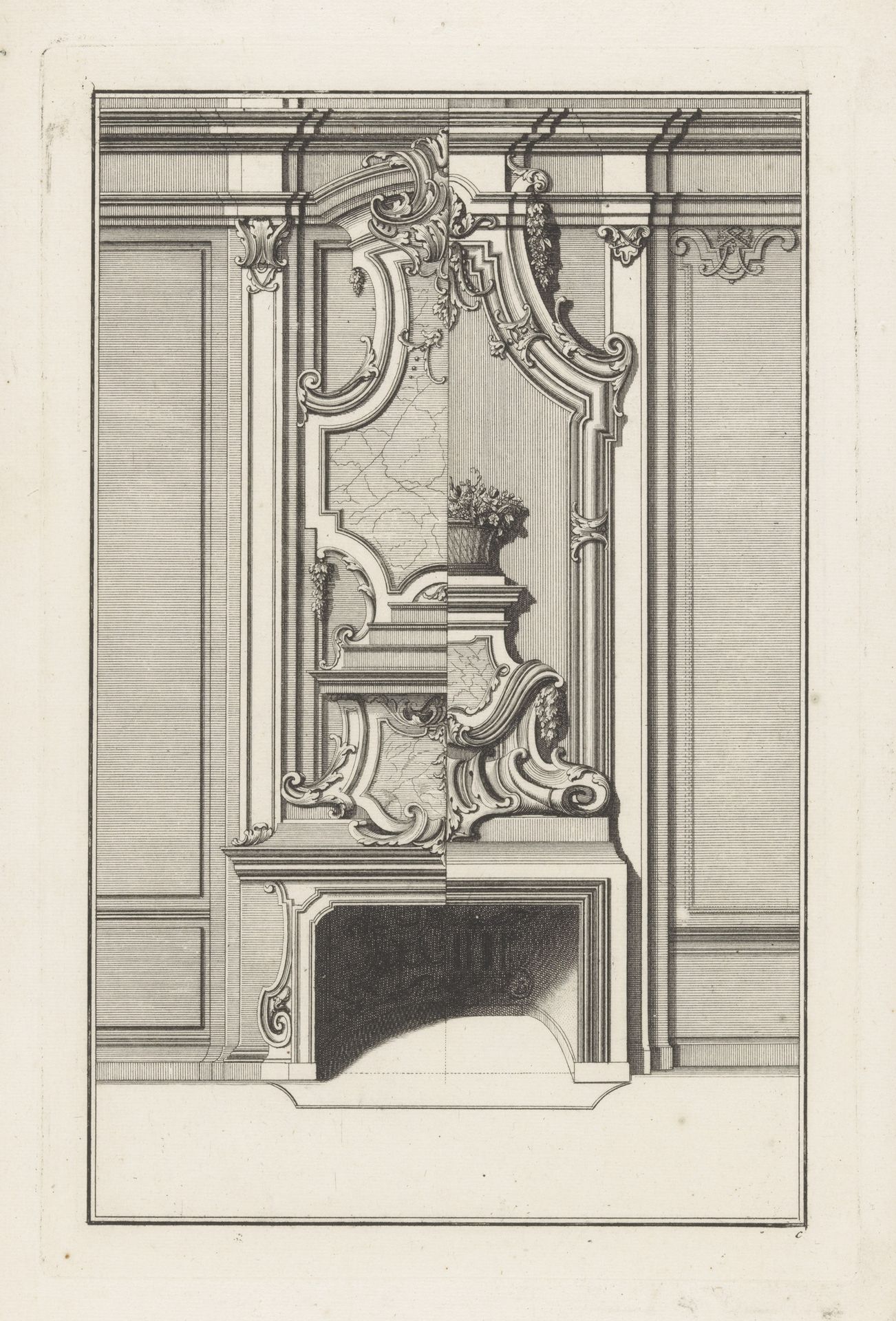 Geornamenteerde schouw met bloemenmand by Anonymous