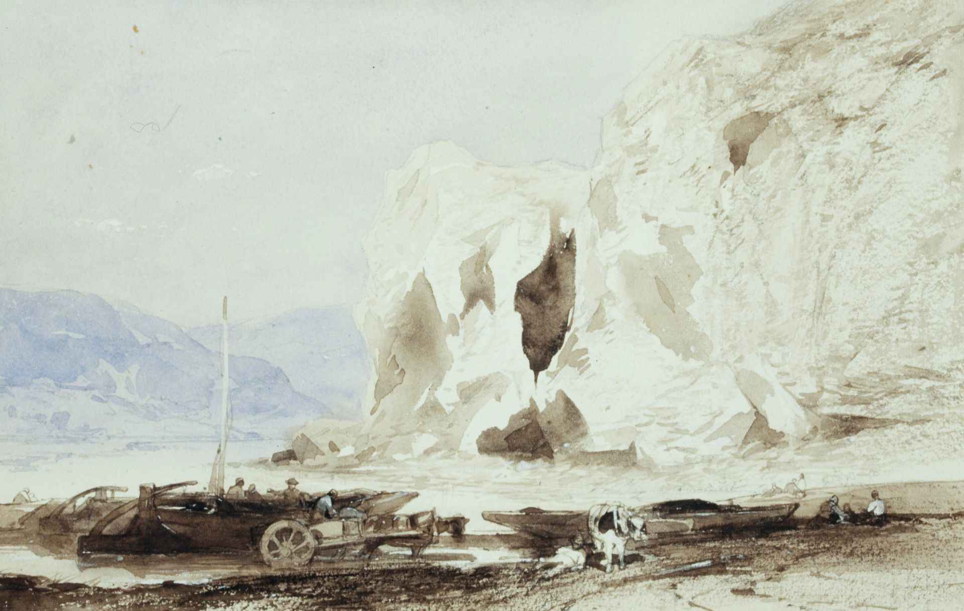 Coastal Scene with Boats and Fishermen by Attributed to John Burgess Jr.