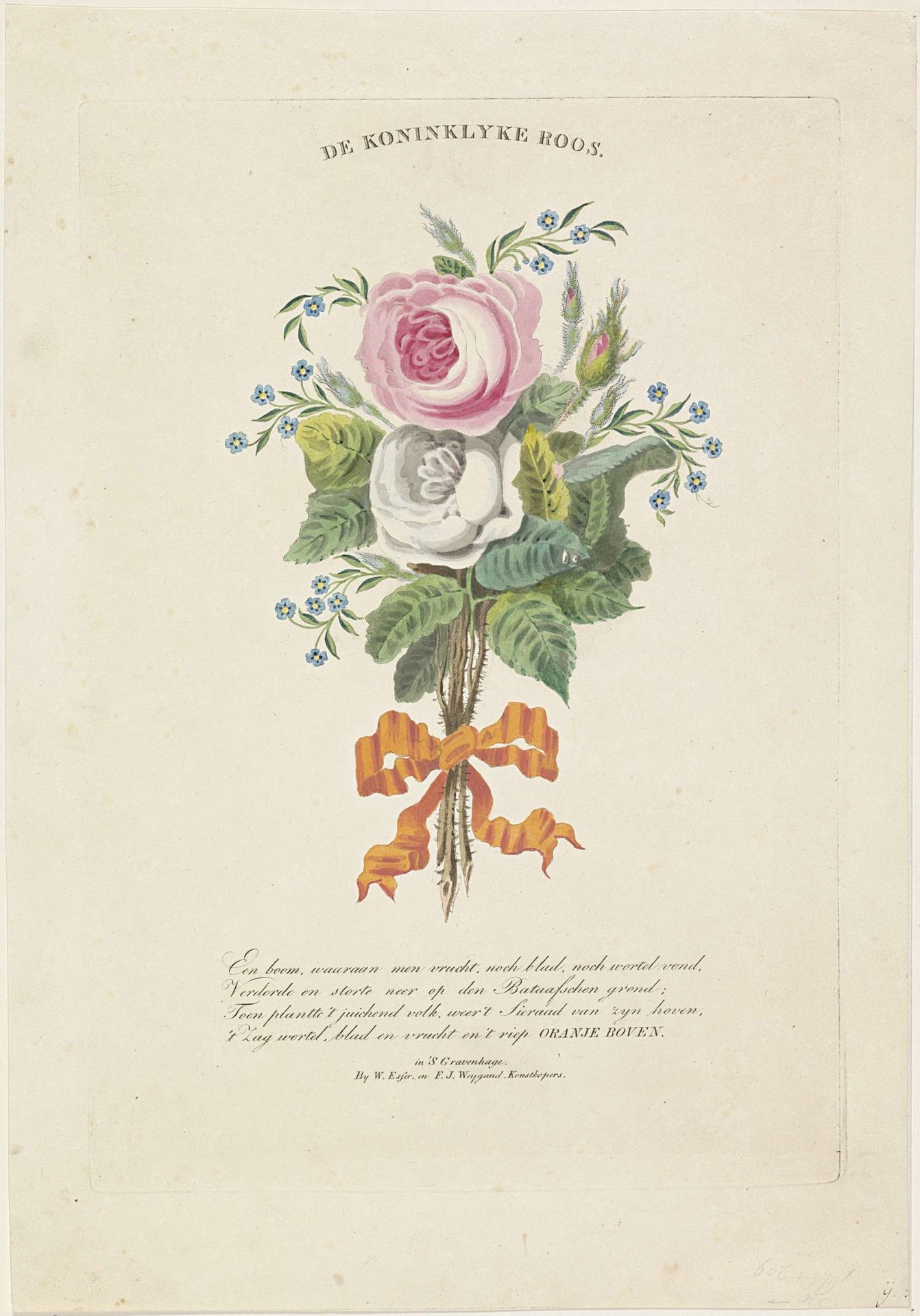 Rozen met silhouetportretten van Willem I Frederik, koning der Nederlanden, Wilhelmina van Pruisen, hun kinderen, zijn ouders en zijn zus by Leonardus Schweickhardt