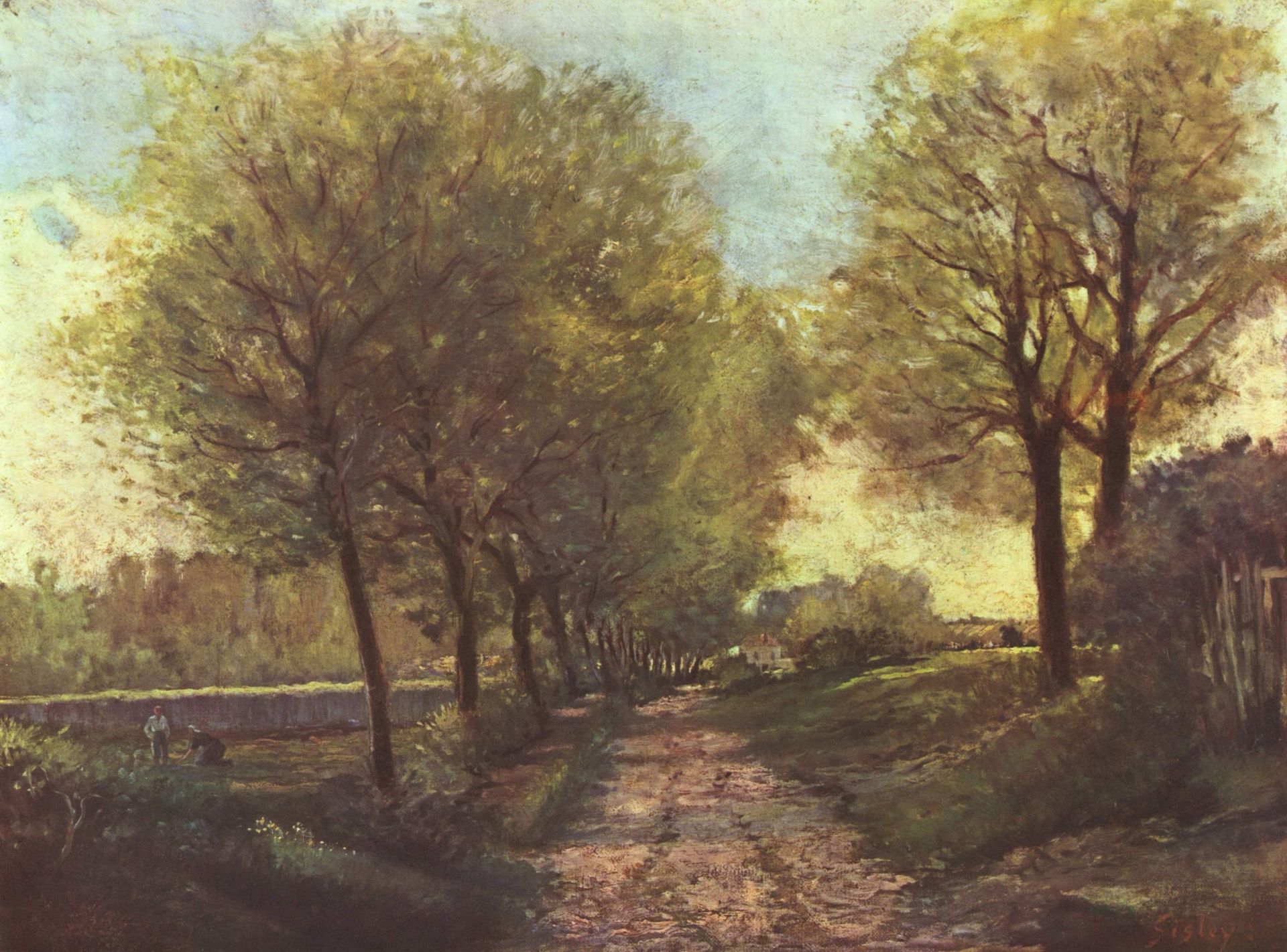 Avenue of trees in a small town by Alfred Sisley