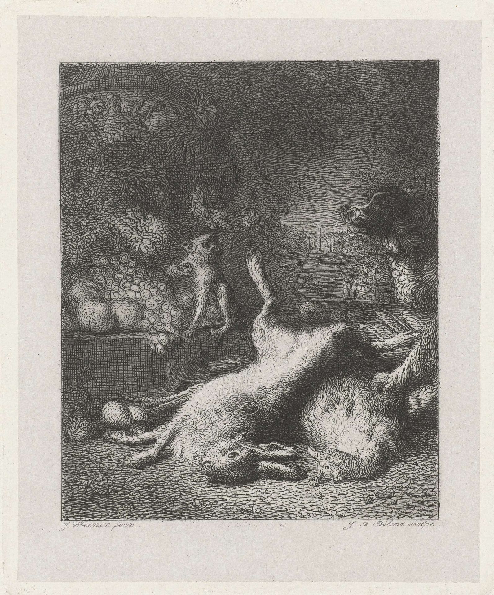Een aap en een hond bij dood wild en vruchten by Johannes Arnoldus Boland