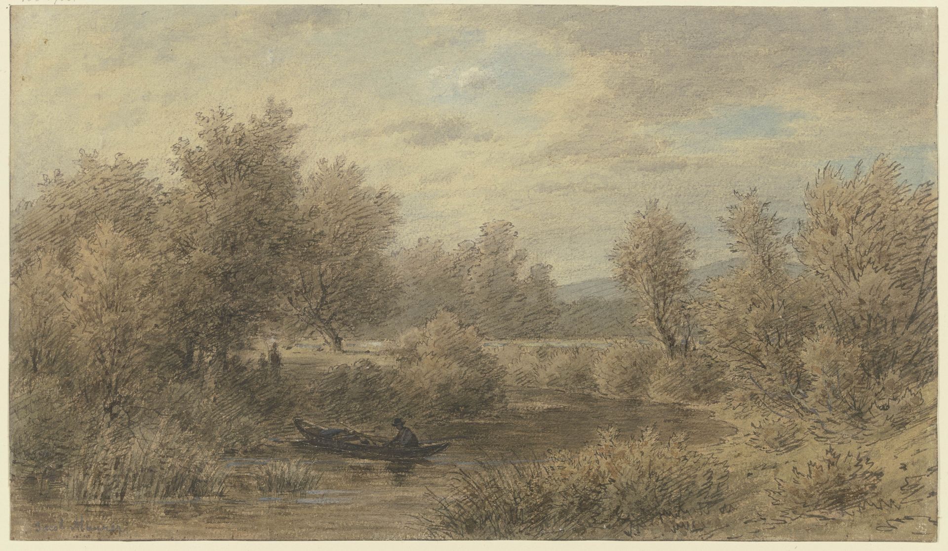 Ein Kahn mit einem Fährmann hält am Ufer (Motiv an der Nied) by Jakob Maurer