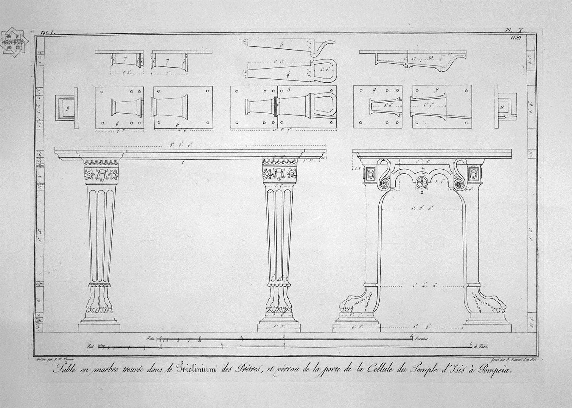 Marble table found in the triclinium of the Priests, and bolt the door of the cell of the Temple of Isis (inc. in outline) by Giovanni Battista Piranesi