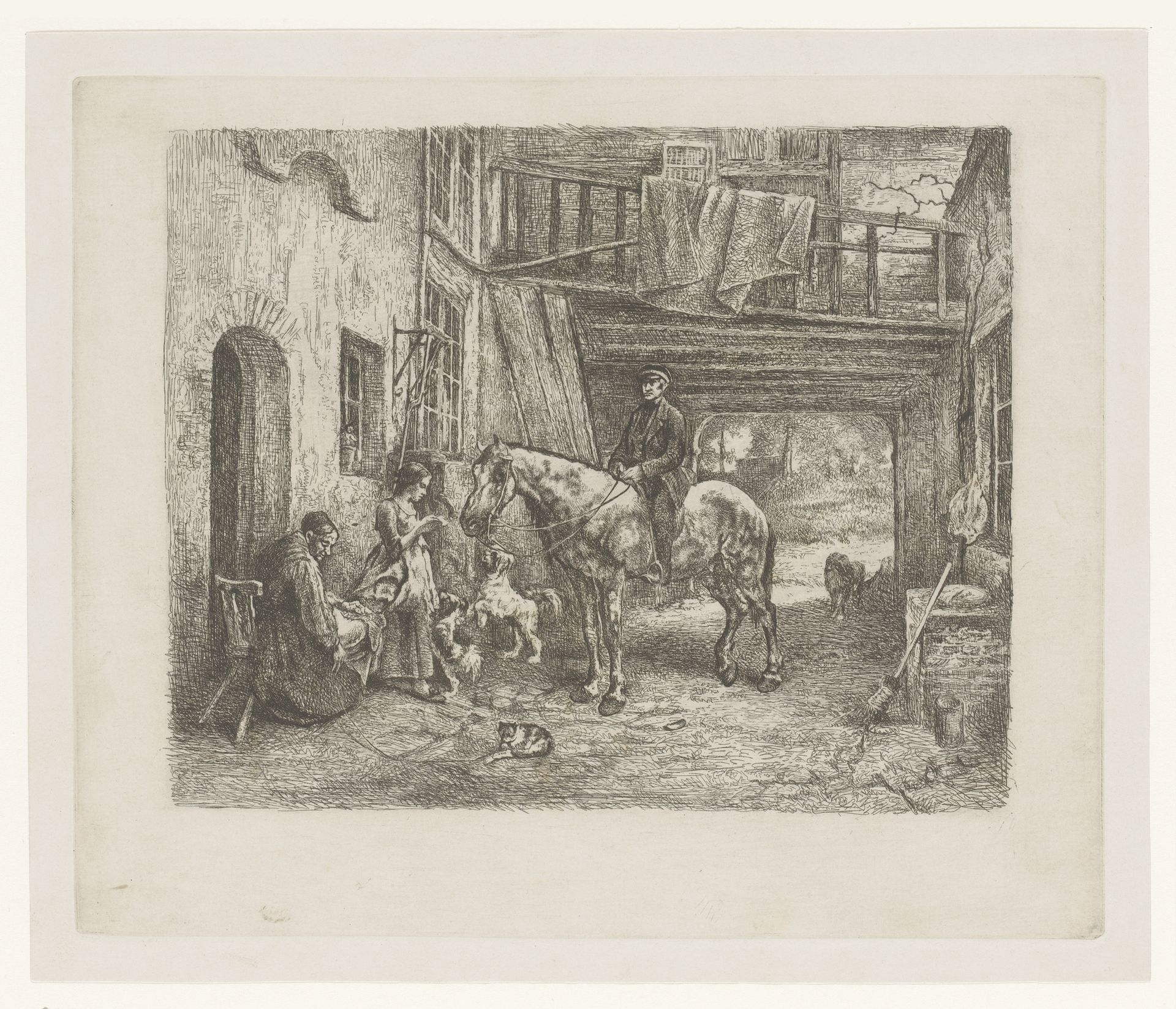 Binnenplaats met man te paard die een brief bezorgt aan een jonge vrouw by Jan Stobbaerts