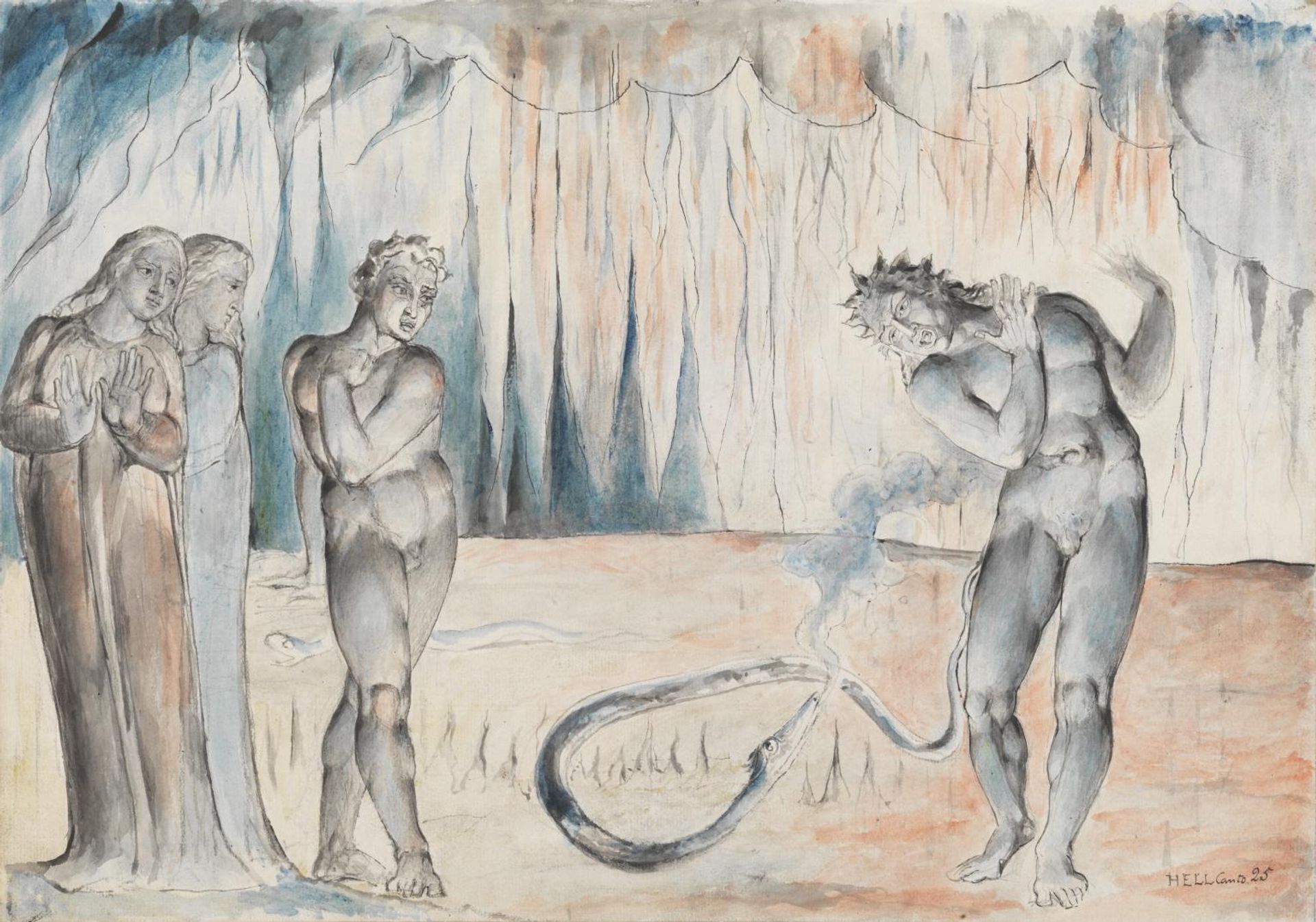 The Serpent Attacking Buoso Donati. Verso: A Man with a Transparent Hood (?) over his Head by William Blake