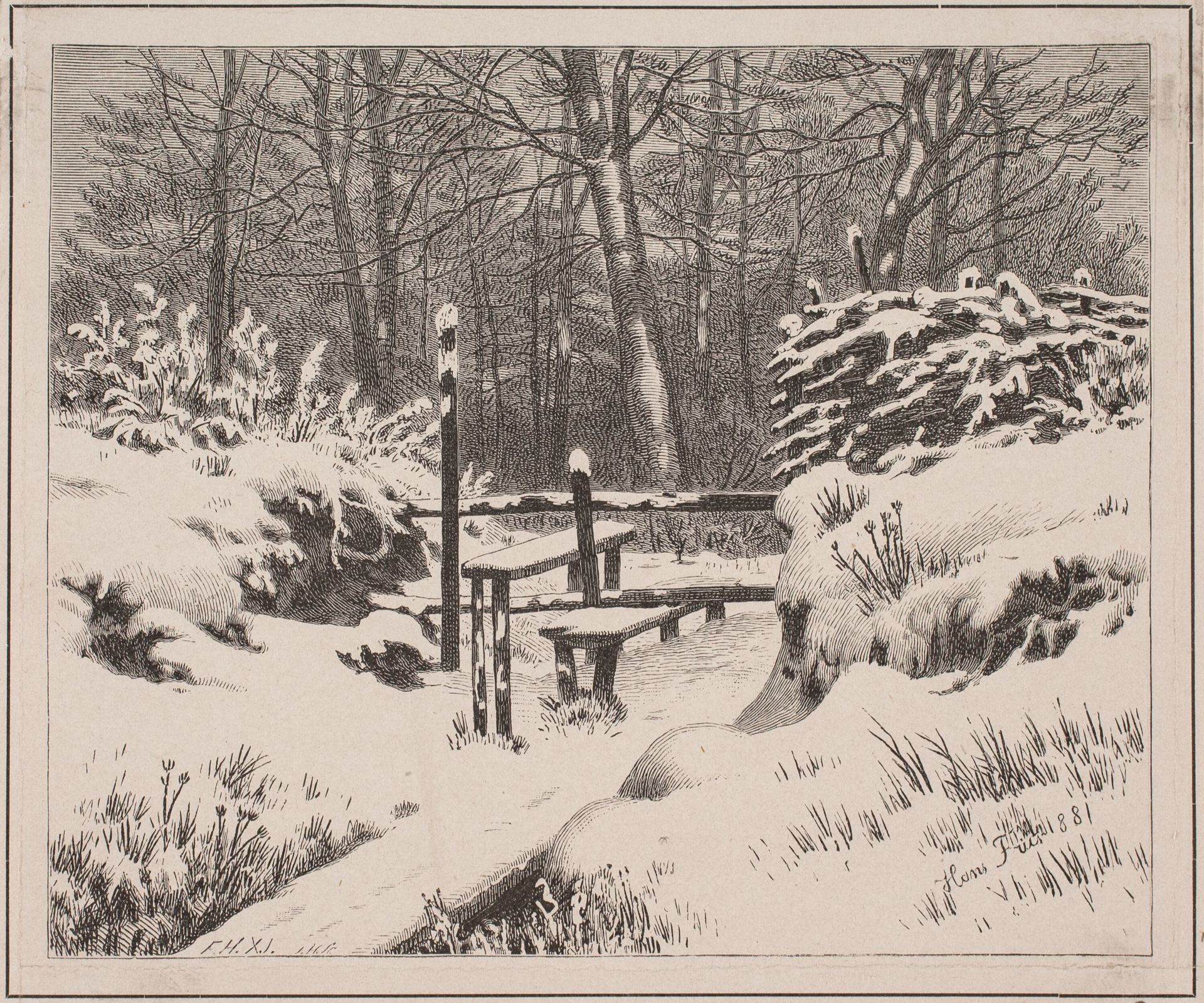 Stenen ved skoven. Vinterdag by J. Hildebrand