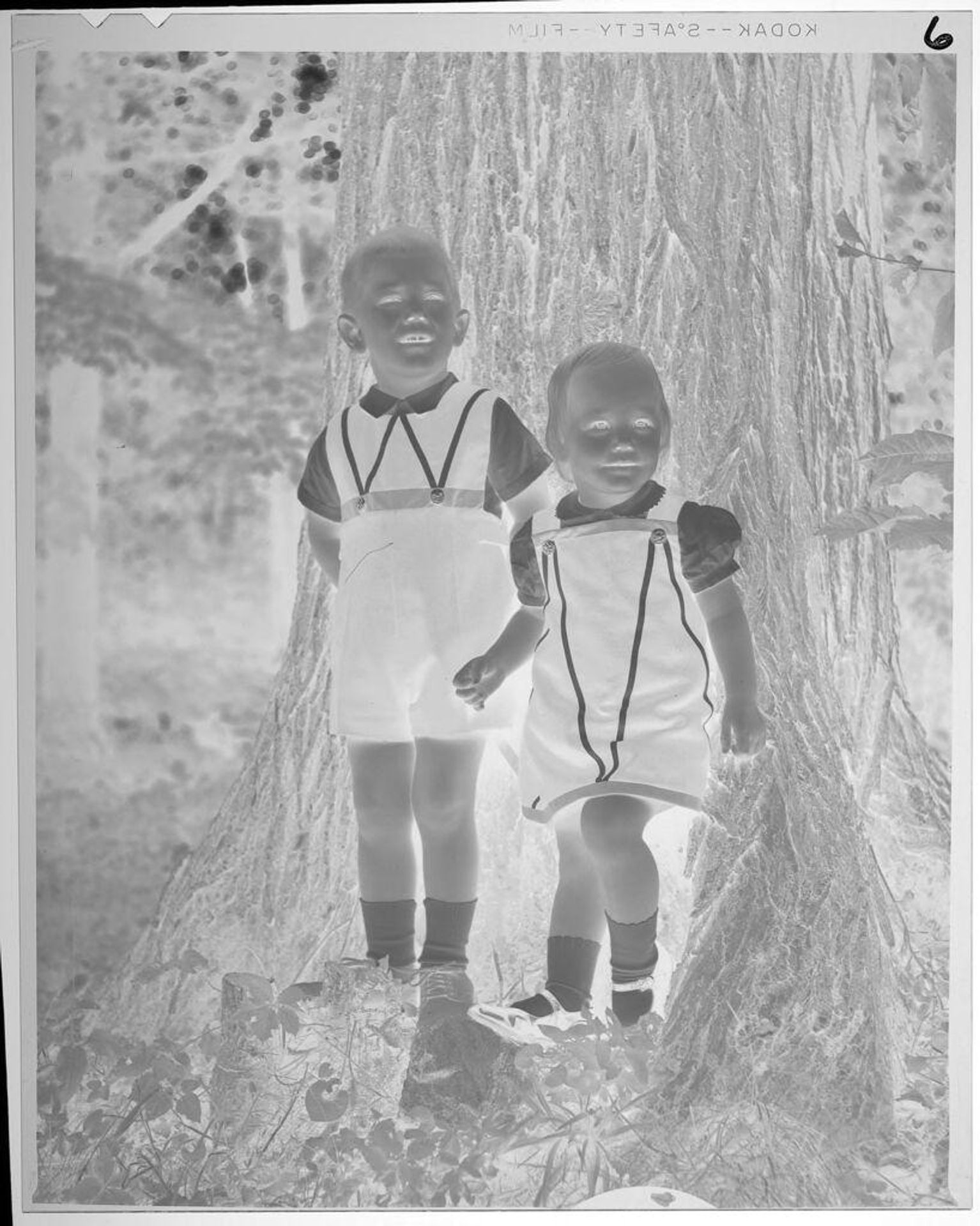 Untitled (little boy and girl in matching outfits posing by tree) by Lucian and Mary Brown
