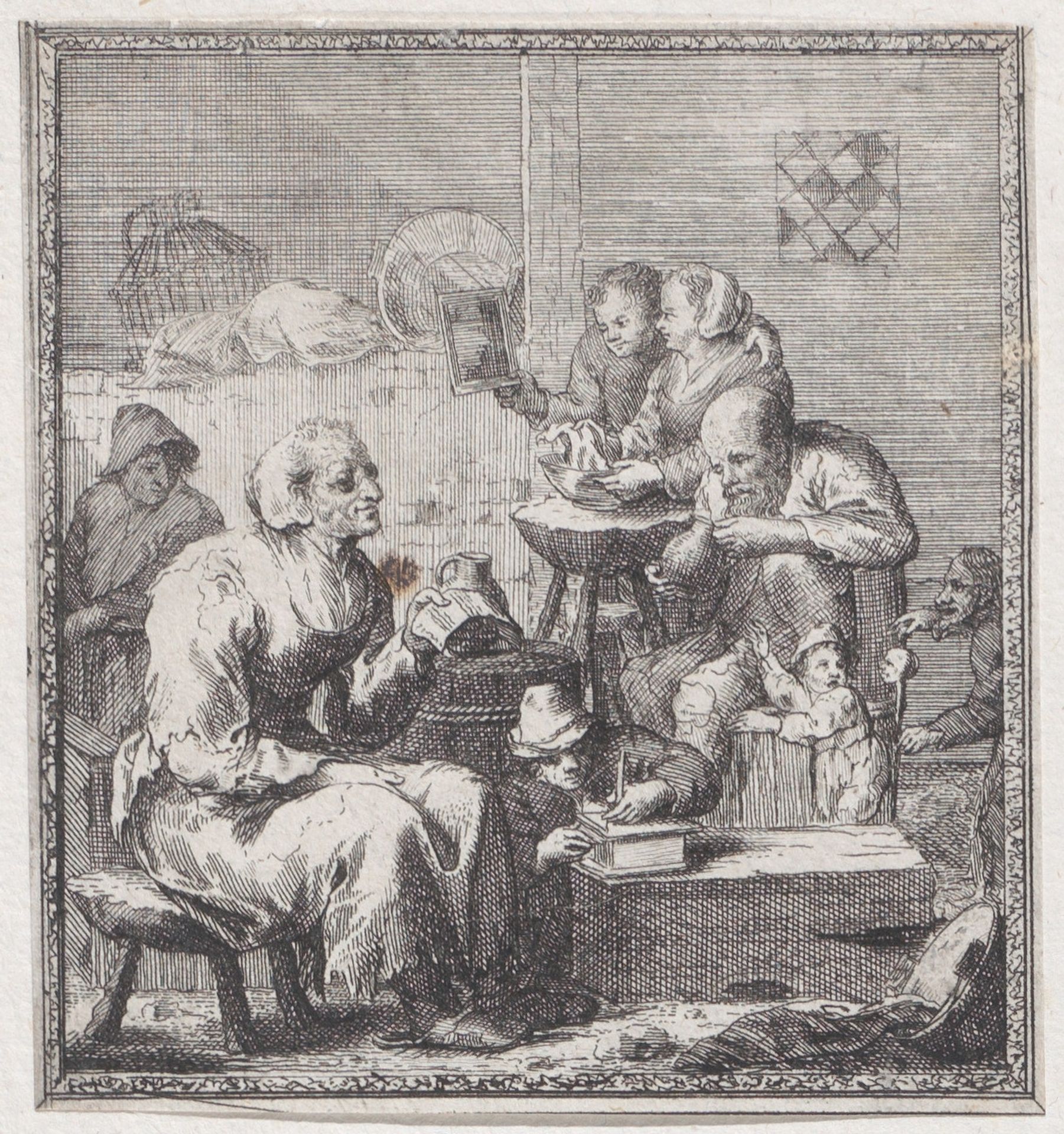 Eight peasants in a rustic interior by Jacques Dassonville