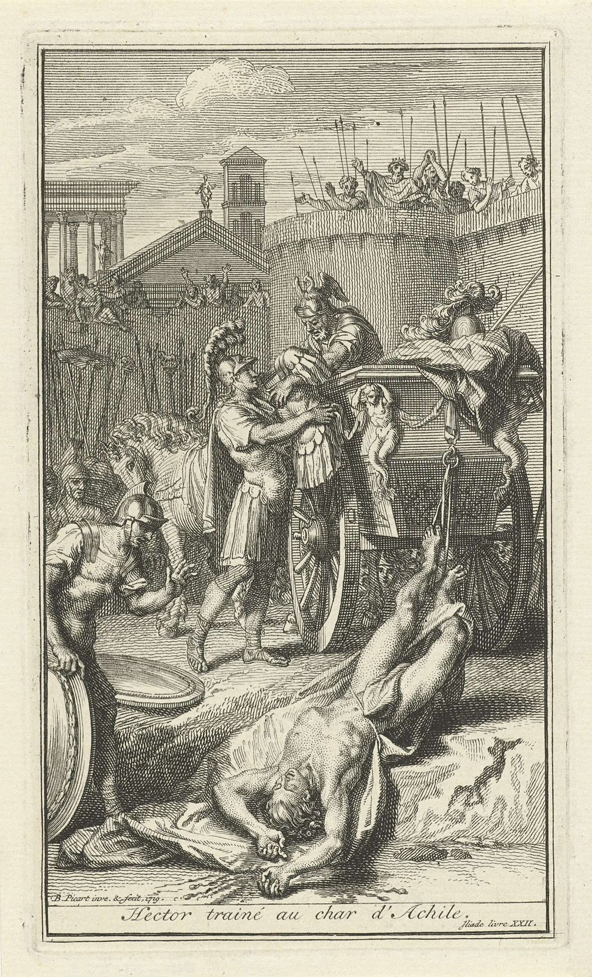 Achilles met lijk van Hector achter zijn zegewagen by Bernard Picart