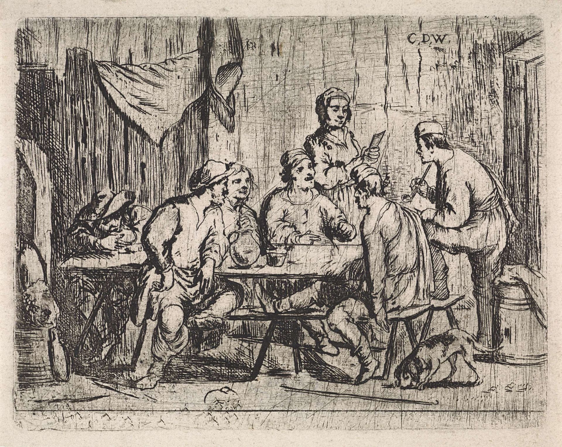 Zes boeren en herbergierster in herberg by Cornelis de Wael