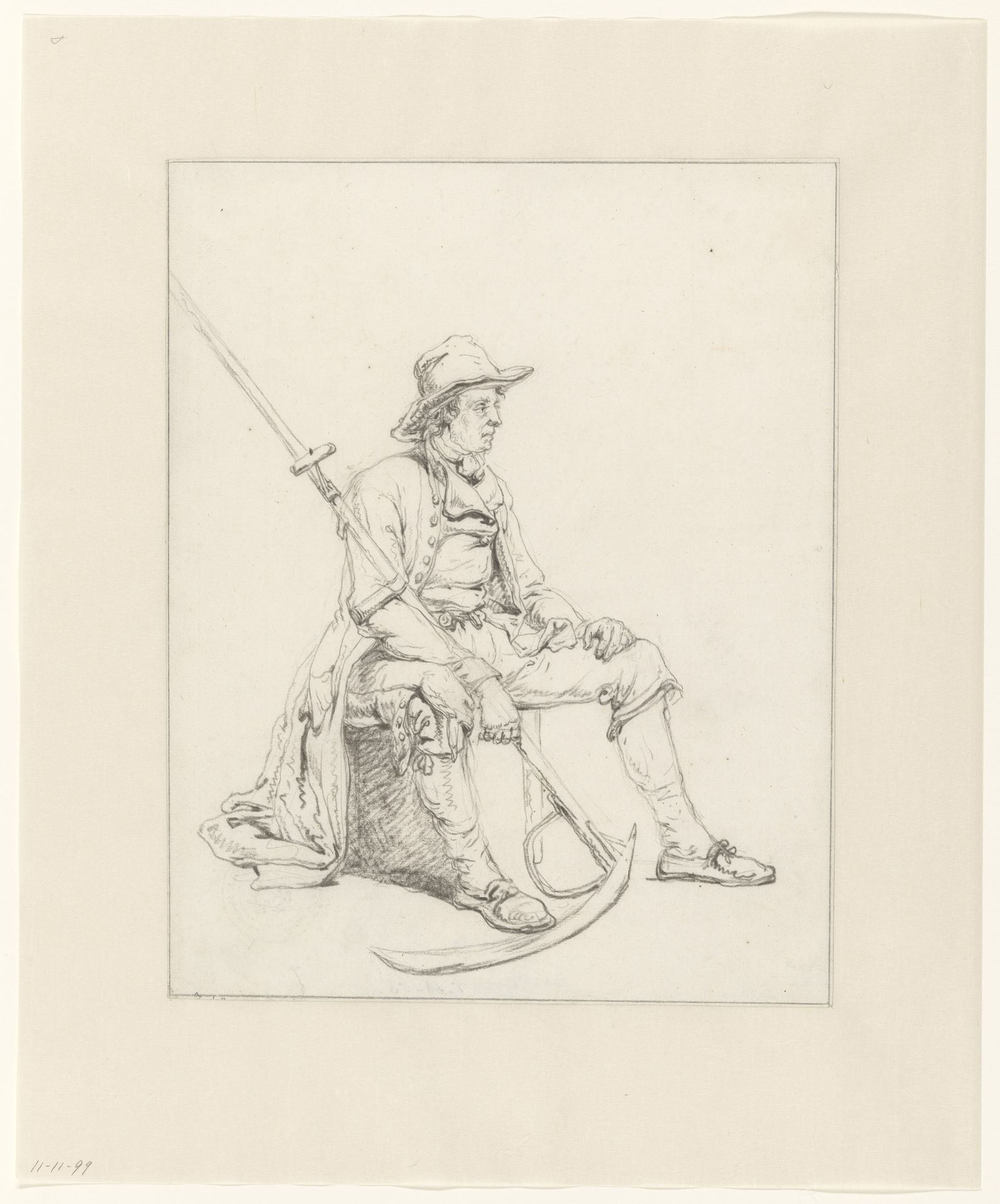 Studie van een zittende man, met zeis by Johannes Christiaan Schotel