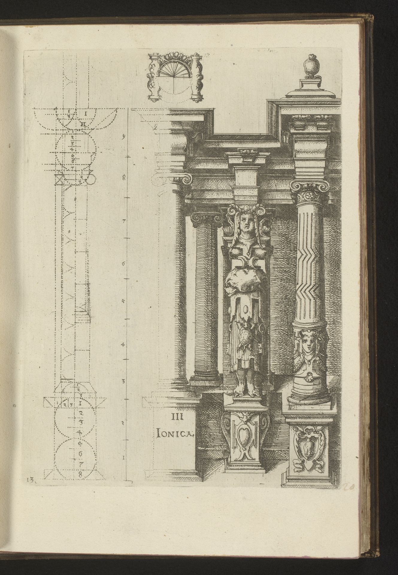 Verhoudingen van de Ionische zuilenorde met een kariatide als pilaster tussen twee zuilen by Wendel (I) Dietterlin