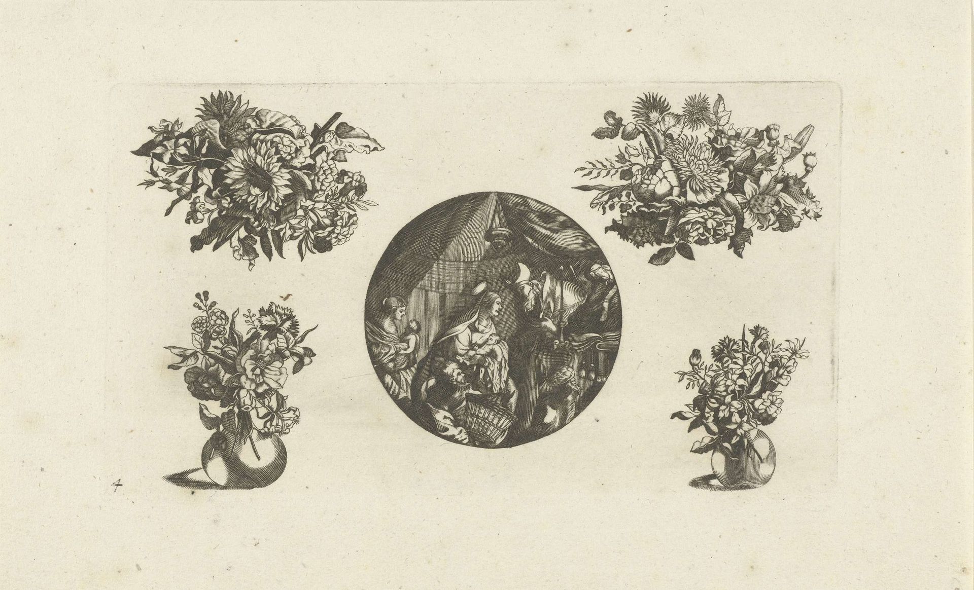 Horlogekast, boeketten en bloemenvazen by Anonymous