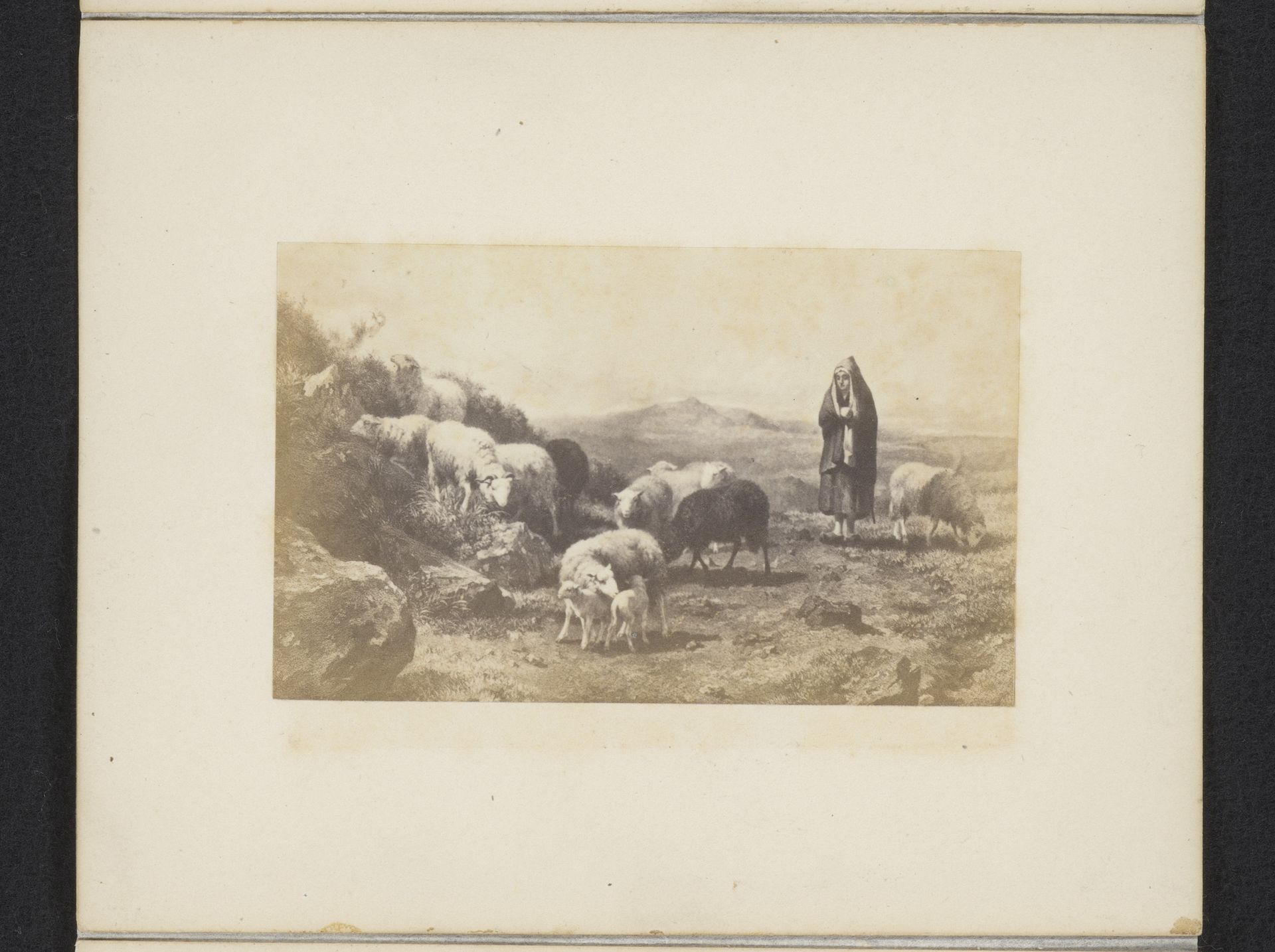 Fotoreproductie van een schilderij van Rosa Bonheur van een herderin met schapen by Anonymous