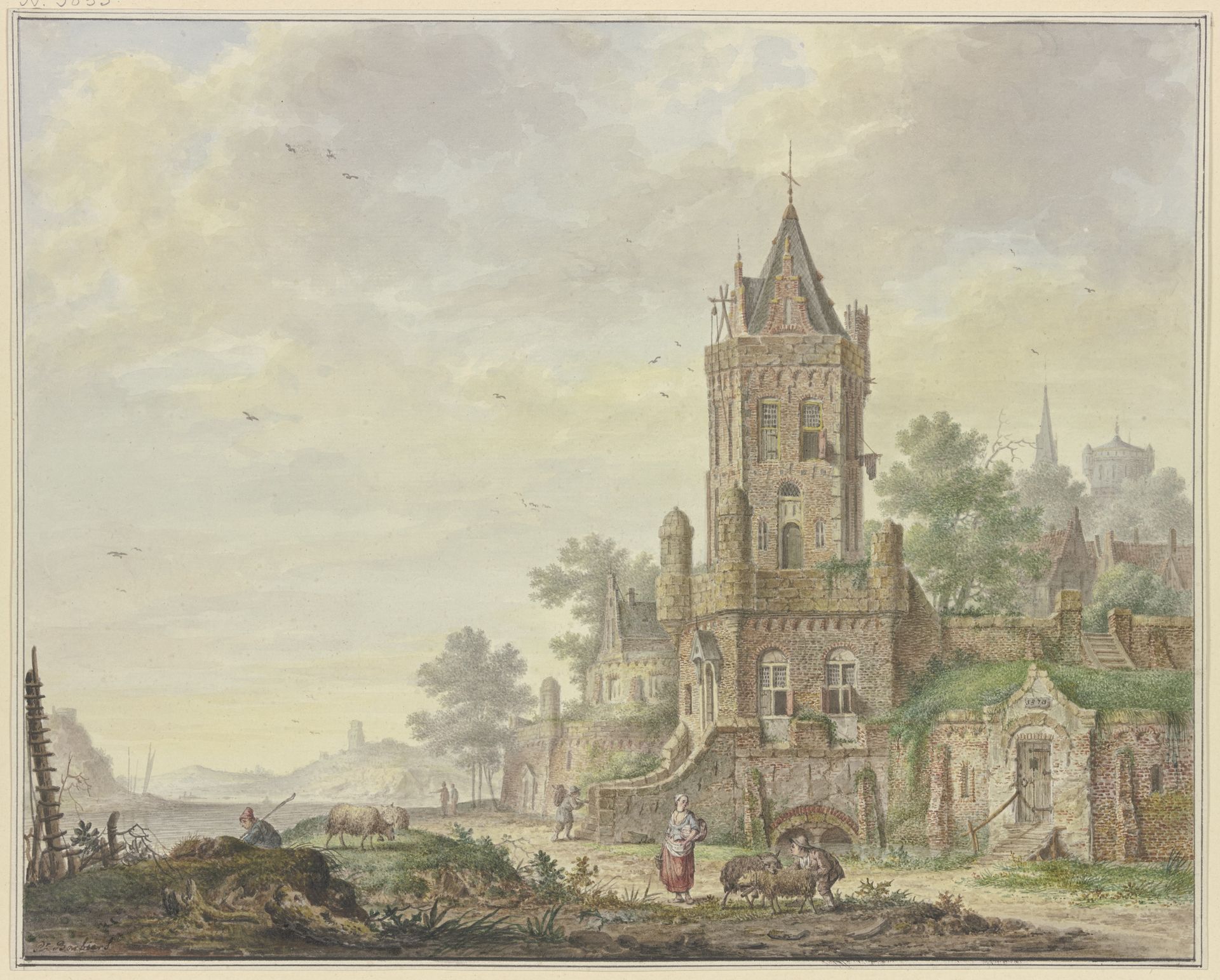 Stadt mit einem alten Turm am Wasser, vorne eine Frau bei einem Knaben mit zwei Schafen by Pieter Bartholomeusz. Barbiers