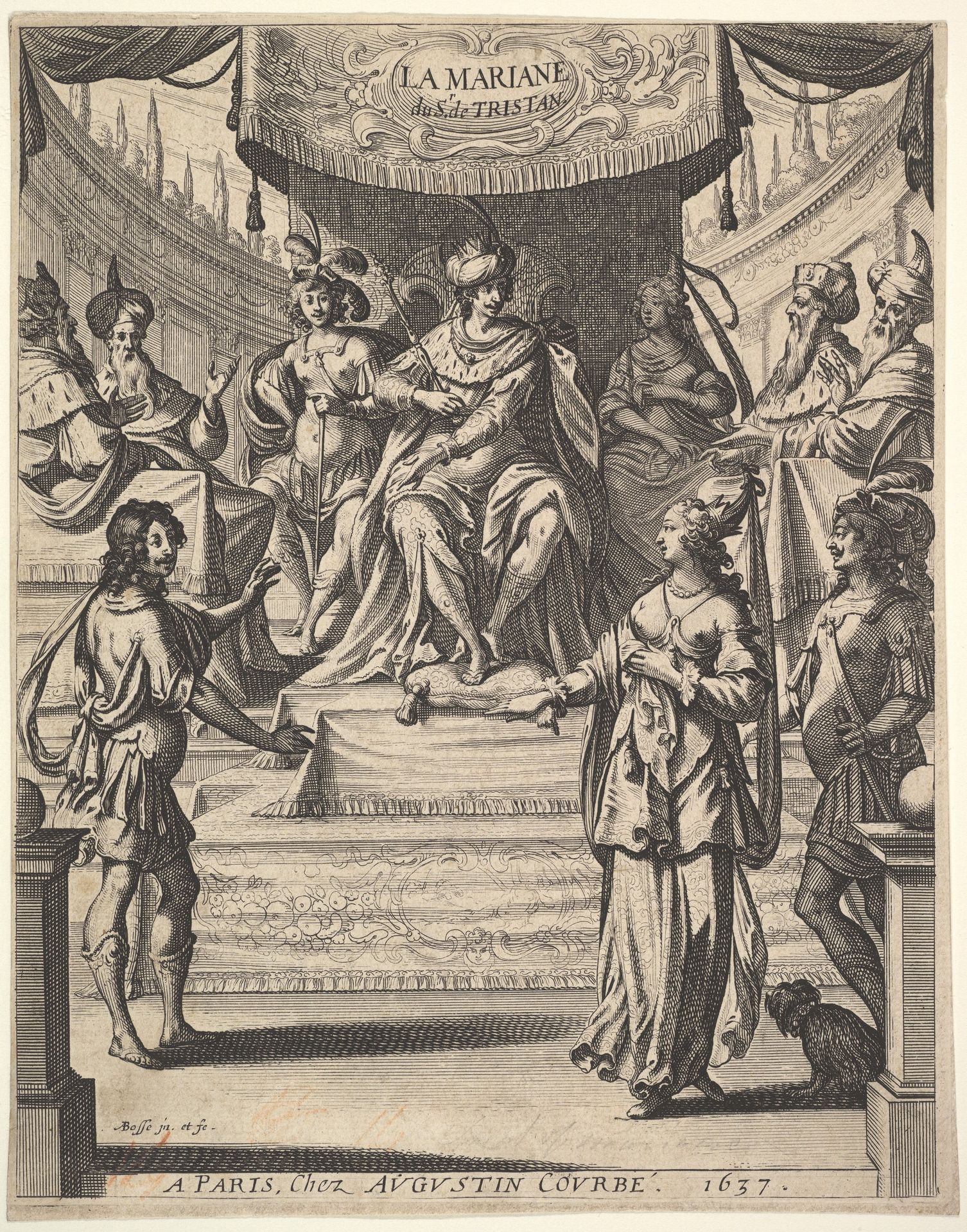 Frontispiece for "Tristan L'Hermite": Marianne standing to right before Herod and his court at top center, being accused by the butler at left of poisoning her husband by Abraham Bosse