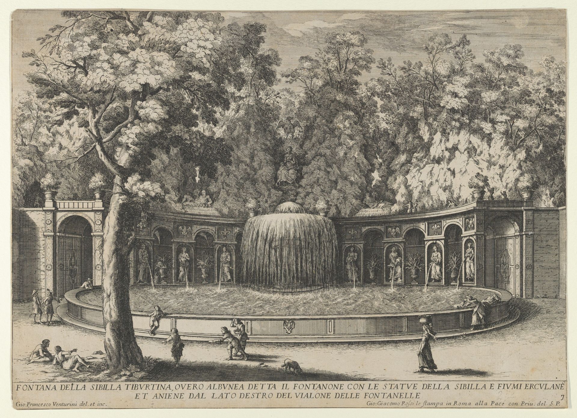 Book IV, plate 7: the fountain of the Tiburtine sibyl in the garden at Villa d'Este, Tivoli, from the series 'The fountains of the Este garden in Tivoli' (Le fontane del Giardino Estense in Tivoli) by Giovanni Francesco Venturini